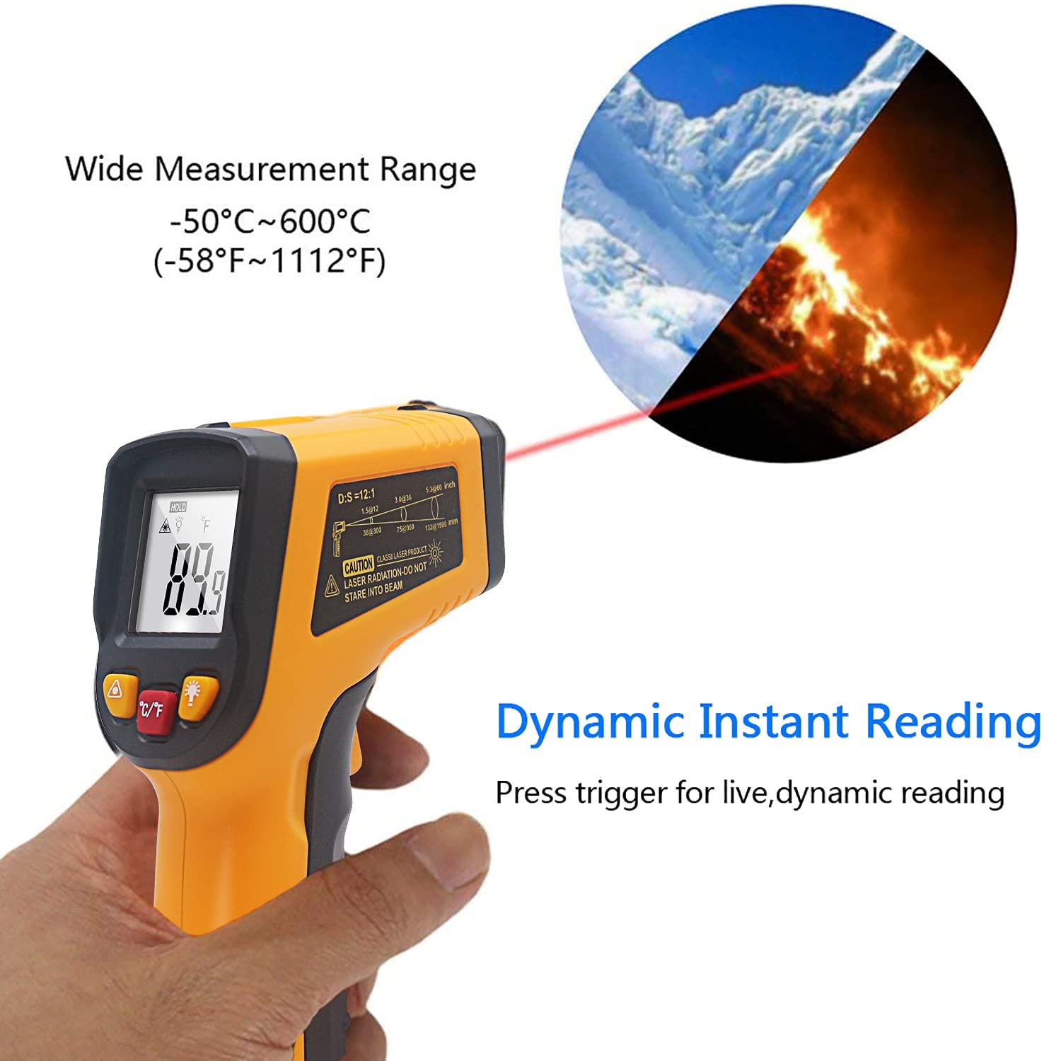 Ketotek Digital Infrared Thermometer Temperature Gun -58°F-1112 °F(-50°C - 600°C) Handheld Non Contact IR Laser Thermometer KT600Y for Cooking Meat Refrigerator Pool Pizza Oven BBQ Food - Medaid International
