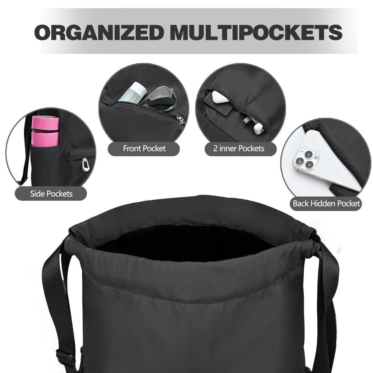 TERRIFI Drawstring Backpack for Gym Sports Travel & Daily Use, Waterproof Cinch Bag with Wet Pocket, Adjustable Pull String Sack for Men Women (Black)