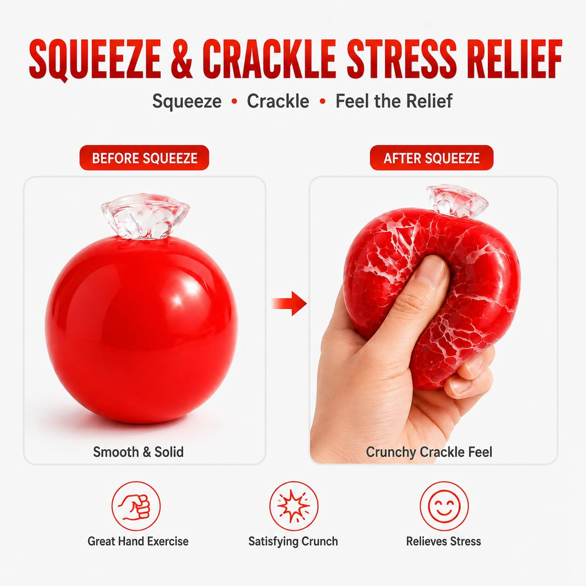 ORCHID M®Red Apple Crackle Squishy Ball, Red Apple Squeeze Sensory Fidget Toy with Crunchy Crackle Feel