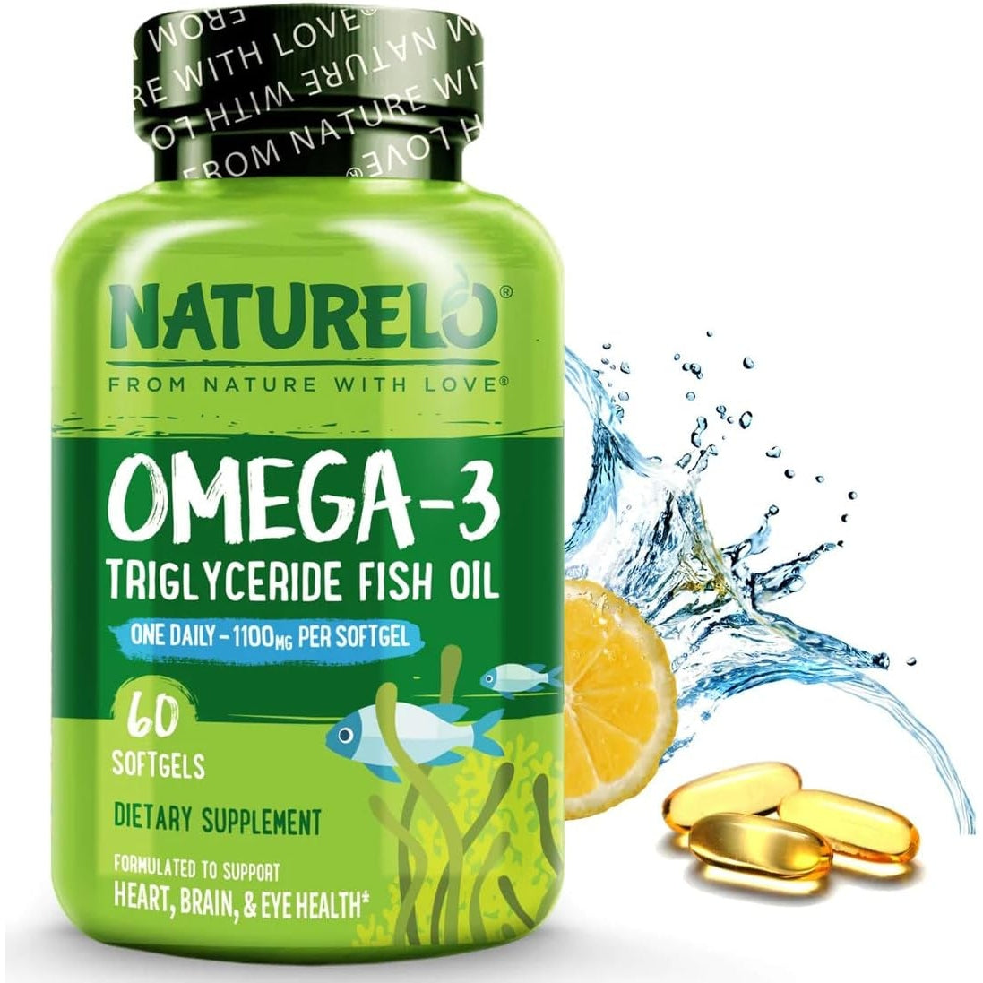 NATURELO Burpless Omega 3 Fish Oil Supplement - 1100mg Triglyceride Omega-3, EPA + DHA, Liquid Fish Oil Omega 3 for Heart, Eye, Brain, Joint Health - 60 Softgels, 2 Months Supply - Medaid International