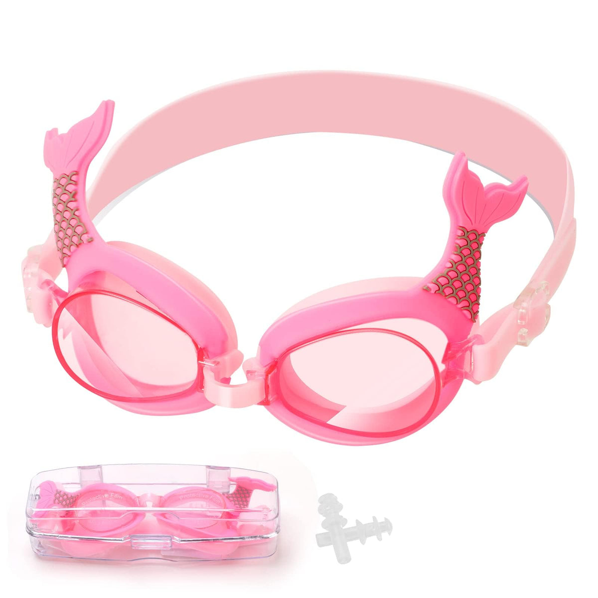 KASTWAVE Anti-Fog Swimming Goggles for Kids (Age 3-14) – Cute Mermaid Tail Design, UV Protection, Waterproof, with Ear Plugs, Nose Clip & Glasses Case