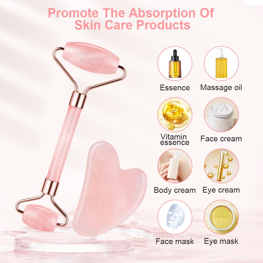 URAQT Gua Sha Facial Tools & Jade Roller Set for Face Guasha Tool for Face Ice Roller for Skin Care Gua Sha Stone Board Set for Reduce Puffiness and Improve Wrinkles Self Care Gifts(Pink) - Medaid International