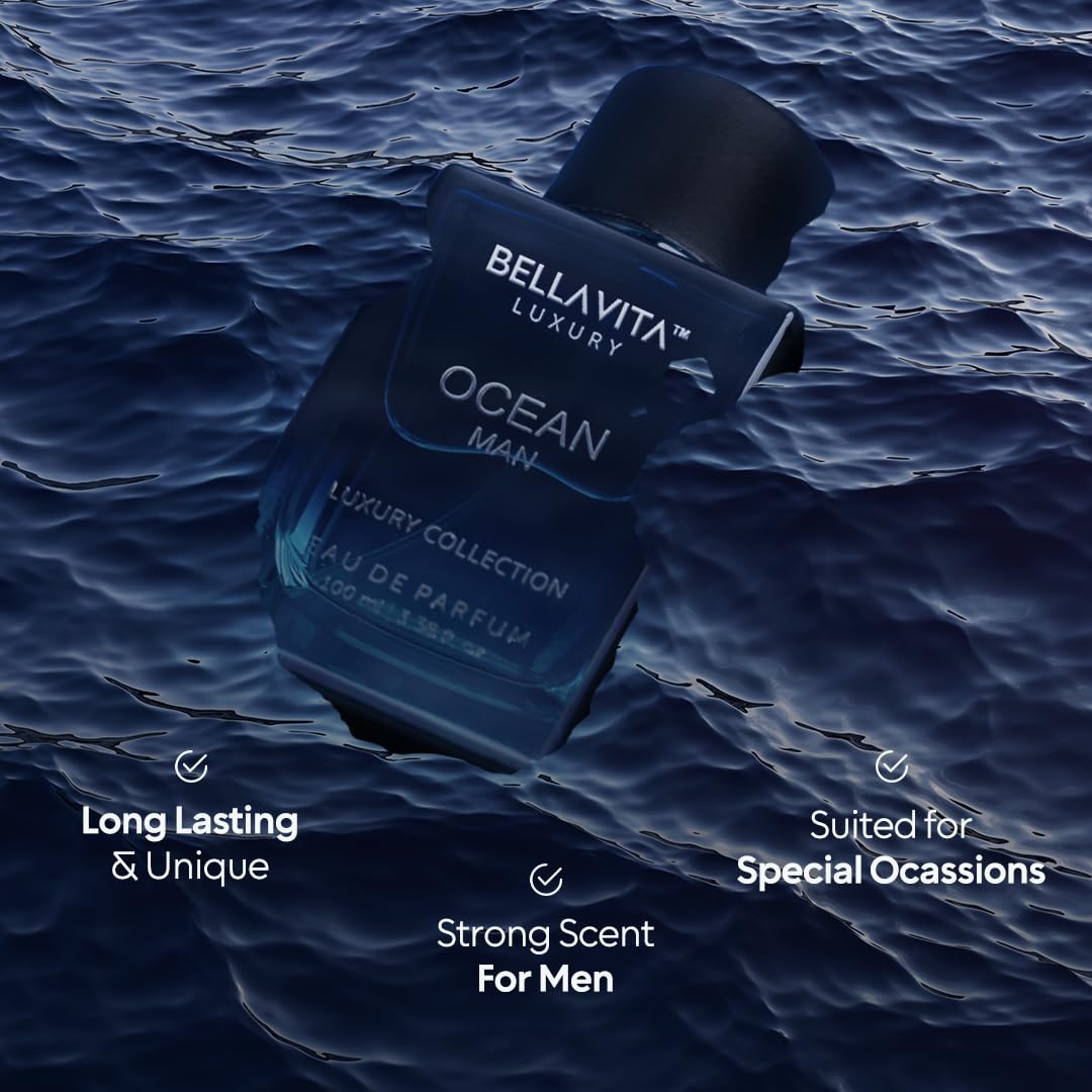 BellaVita Luxury OCEAN Eau de Perfume for Men (100ml) | Fresh Aquatic Fragrance | Notes: Aqueous, Bergamot, Orchid & Jasmine | Masculine Aromatic Fragrance | Mens Parfum Gift - Medaid International