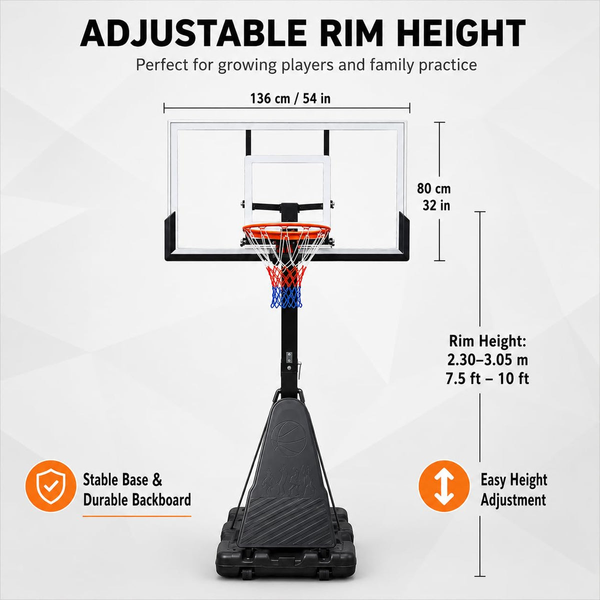 Basketball Hoop, 54 Inch PC Backboard Portable Basketball Goal System, 7.5-10 ft Height Adjustable Indoor Outdoor Hoop with Fillable Base & Wheels for Driveway Backyard Court