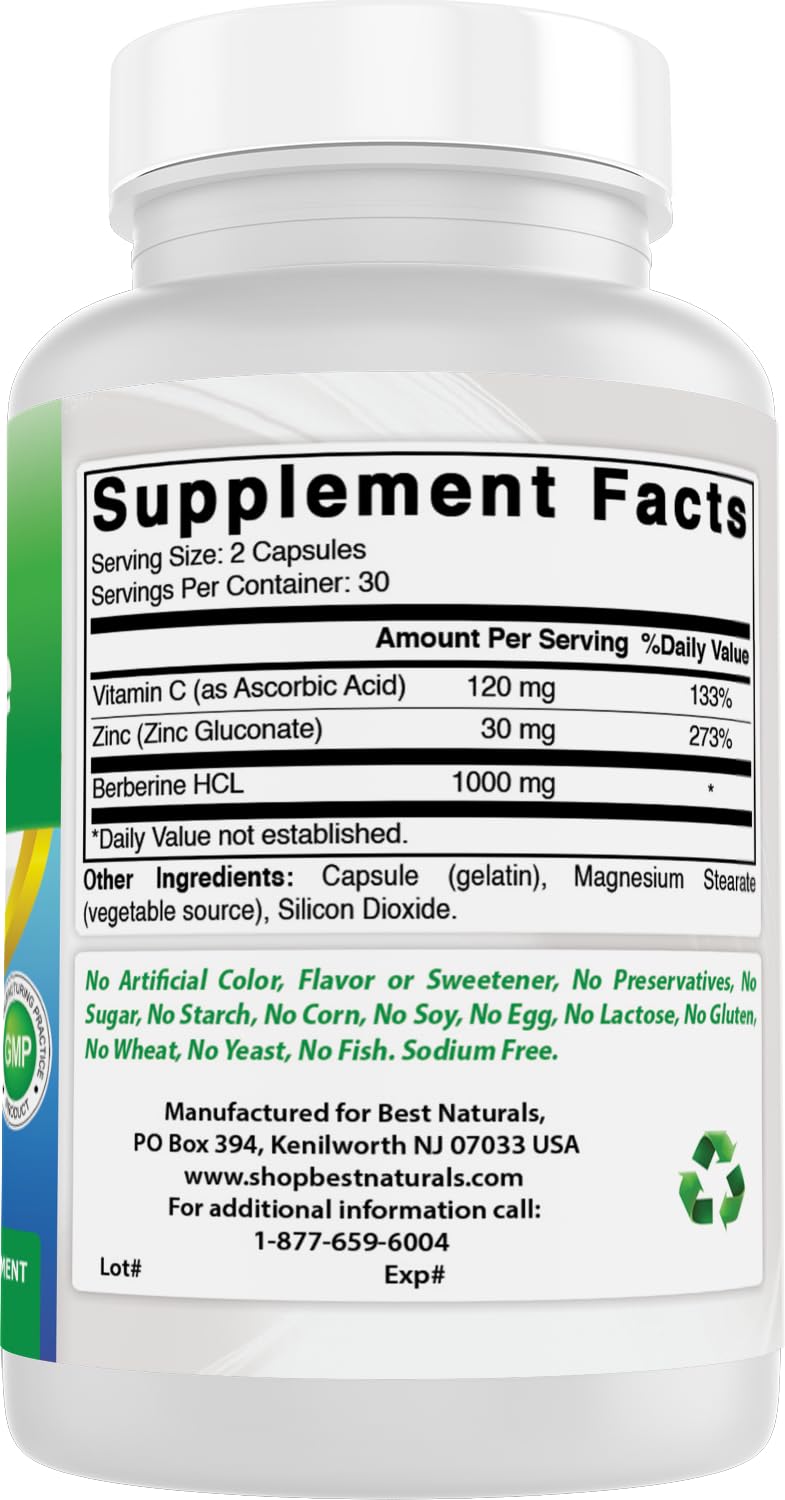Best Naturals Berberine Plus 1000mg per Serving, (Non-GMO) 60 Capsules - Contains Berberine HCL 1000mg, Vitamin C 120mg & Zinc Gluconate 30 mg - Medaid International