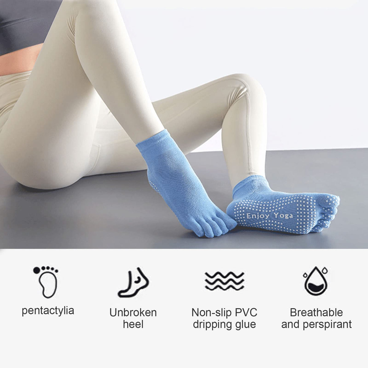 KASTWAVE 3 Pairs Non-Slip Yoga Socks with Grips, Pilates Socks for Women Cotton Dance Barre Ballet Socks, Ladies Five Toe Socks Grip Socks for Home Workout Gym Sports Non-Slip Yoga Socks for Workouts