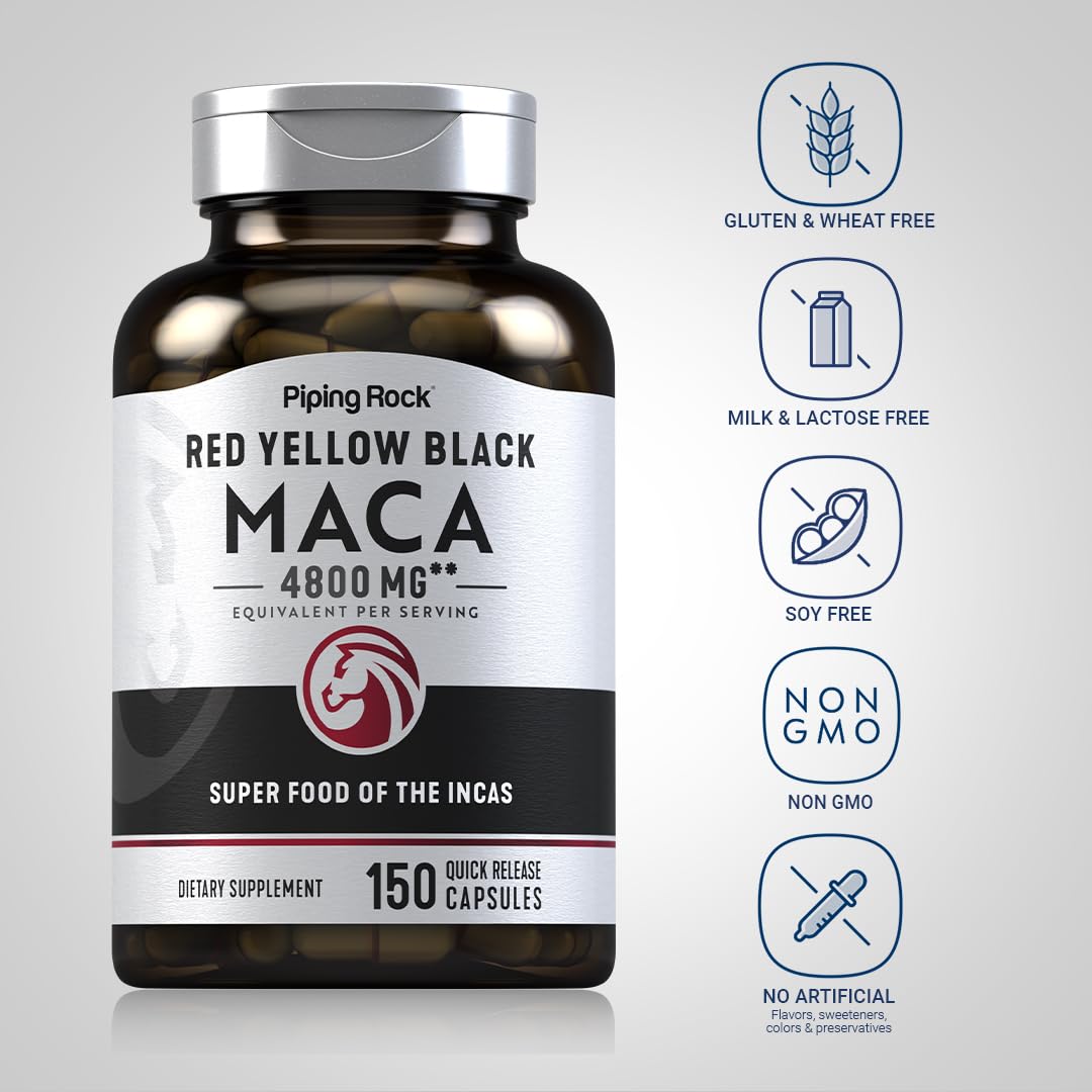 Piping Rock Maca Root Capsules | 4800mg | 150 Powder Pills | for Women and Men | Red, Yellow, and Black | Non-GMO, Gluten Free Supplement - Medaid International