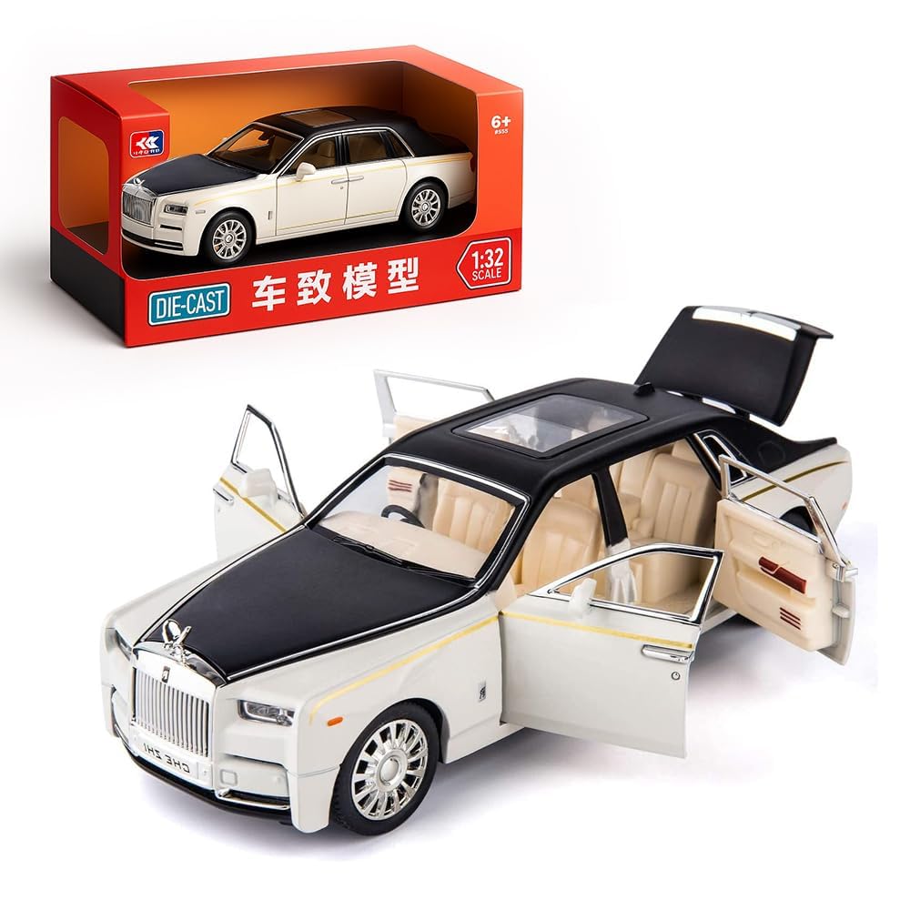 Amerteer Alloy Rolls Royce Model Car 1:32 Car Model For Rolls-Royce Phantom Car Model Diecast Toy Cars With Sound & Light & 6 Open Doors For Kids Boy Girl Collect Gift SUV Model Car (White with Black)