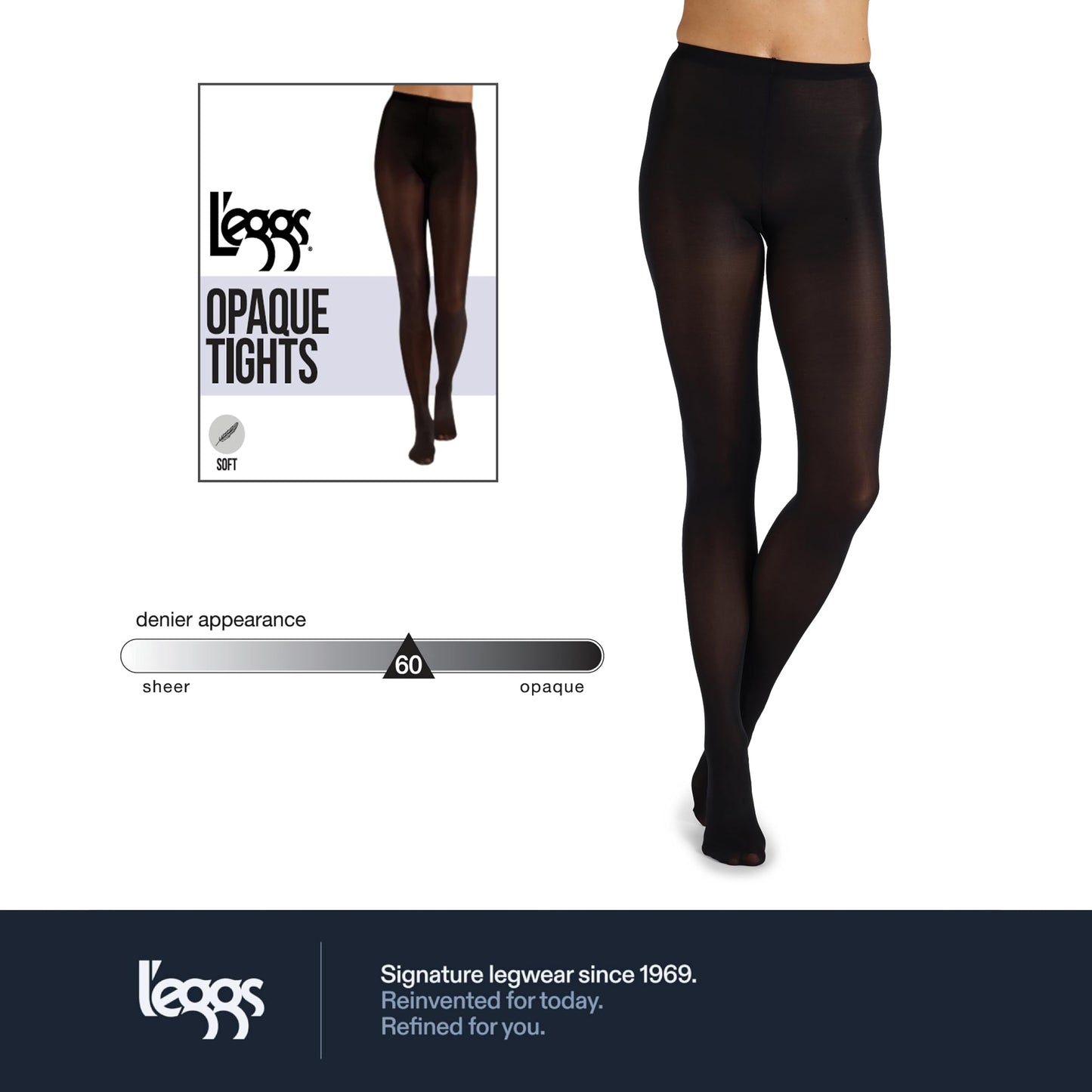 L'eggs Casual Women's Opaque Tights, Same to Waist, Sheer Toe, Black, Size Large (Pack of 1) - Medaid International