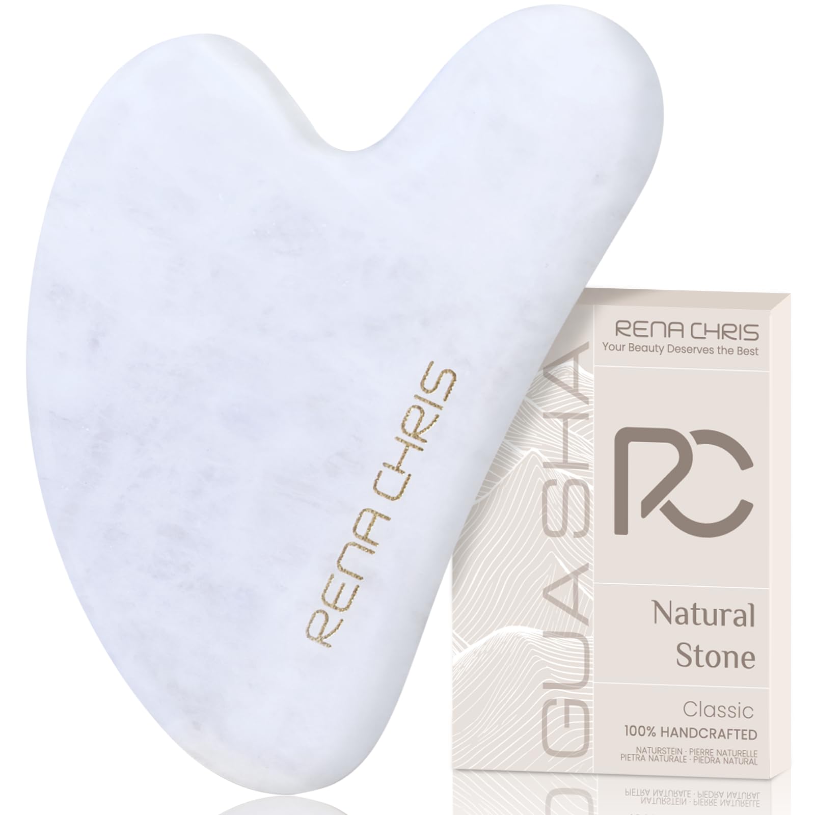 Rena Chris Gua Sha Facial Tools: Natural Jade Stone Guasha Tool for Face Acupuncture Therapy, Facial Massager for Jawline Sculpting and Puffiness Reducing (White) - Medaid International