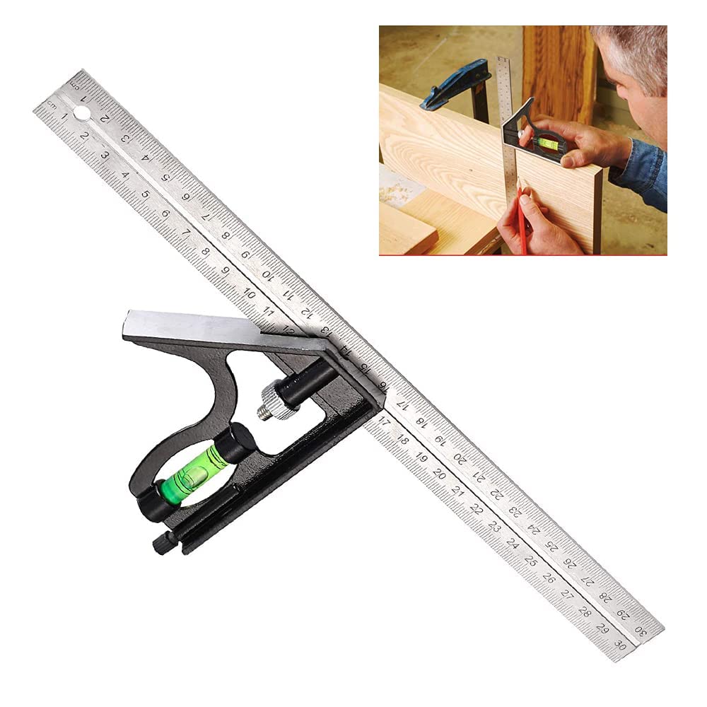 TERRIFI Combination Square 12Inch/300mm, Engineers Set Square, Stainless Steel Angle Ruler, Adjustable Carpentry Square 45/90 Degree with Bubble Level, Measuring Tool for Engineer Carpenter