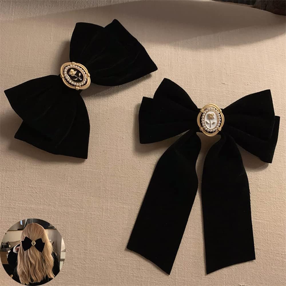 TERRIFI Velvet Hair Bows, Black Ribbon Clips, Ponytail Barrettes Accessories, for Women Girls Party Holiday Birthday Decoration Back to School Gifts 2 pcs