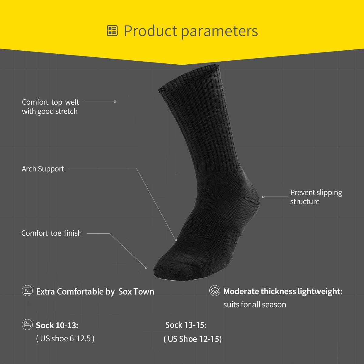 SOX TOWN Unisex Cushioned Crew Training Athletic Socks Men & Women with Combed Cotton Moisture Wicking Breathable Performance(Black L) - Medaid International