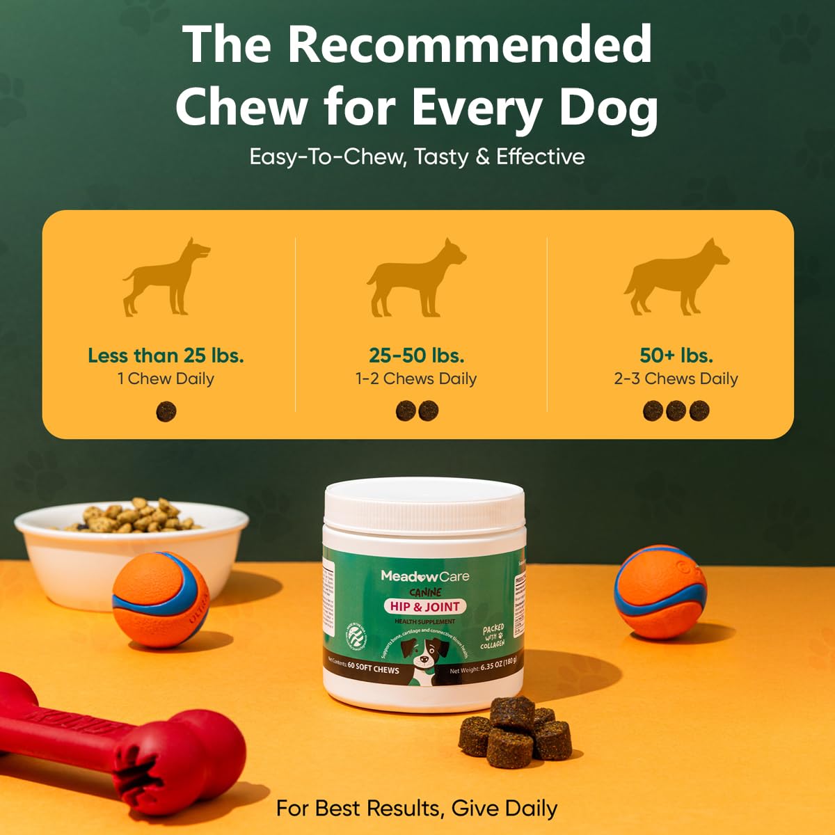 Hip and Joint Supplement for Dogs | MSM, Chondroitin & Glucosamine for Dogs | Supports Bone, Cartilage & Connective Tissue Health | Dog Joint Supplement | 60 Soft Chews180 g (6.35 oz) | MeadowCare
