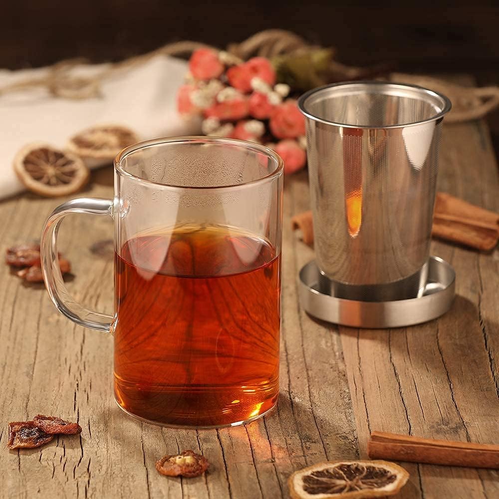 KASTWAVE 16.9oz Borosilicate Glass Tea Mug - Loose Leaf Tea Cup with Stainless Steel Infuser & Lid, Heat Resistant Glass Teacup (430 ml-Use Capacity)