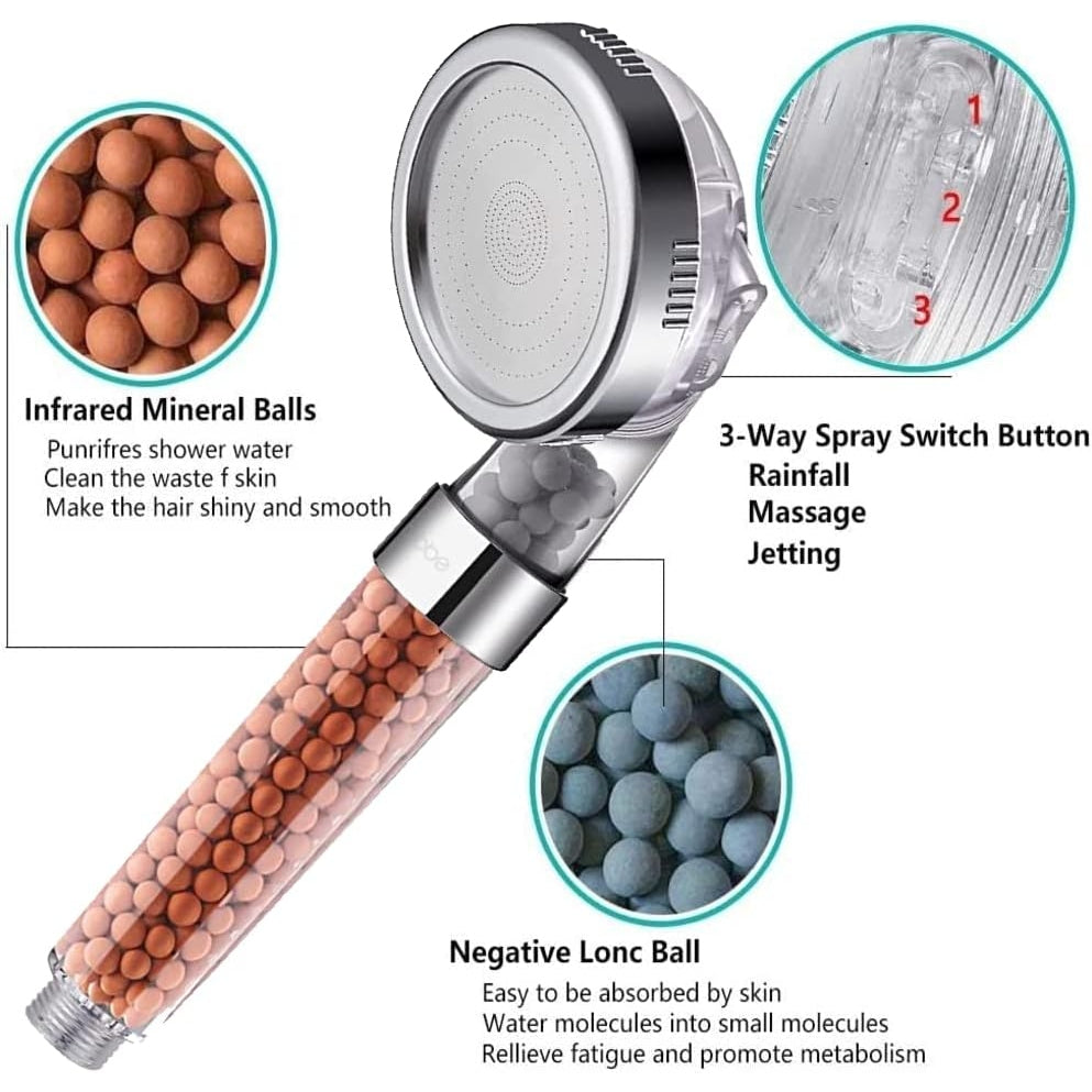 Filtered Hand Held Shower Head Ionic Head Help Reduces hair loss Rainfall Spa Water Saving, Purifies Water, Remove Chlorine (Transparent) فلتر دش موفر للمياه ينقي المياه ويزيل الكلور - Medaid International