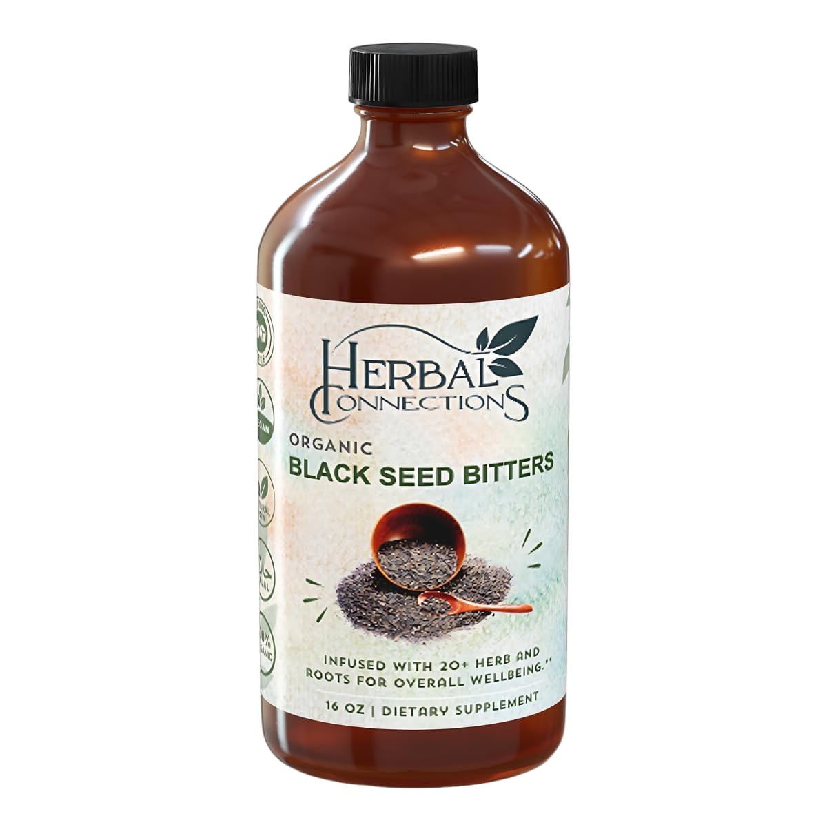 Organic Black Seed Bitters with Maca and Honey - Infused with 20+ Herbs and Roots - Vegan and Gluten-Free 16 Ounces - Medaid International