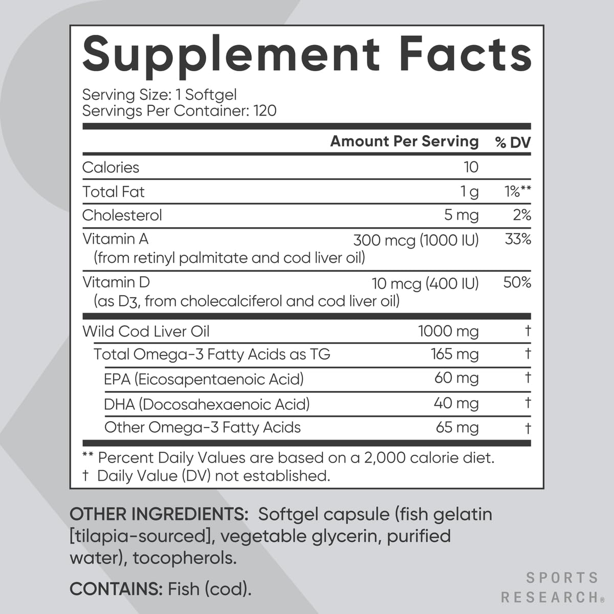 Sports Research® Omega-3 Wild Alaskan Cod Liver Oil 1000mg with Vitamins A (1000 IU) & D3 (400 IU) - Burpless, Bovine Free, Non-GMO, & MSC Certified Sustainable - 120 Softgels - Medaid International
