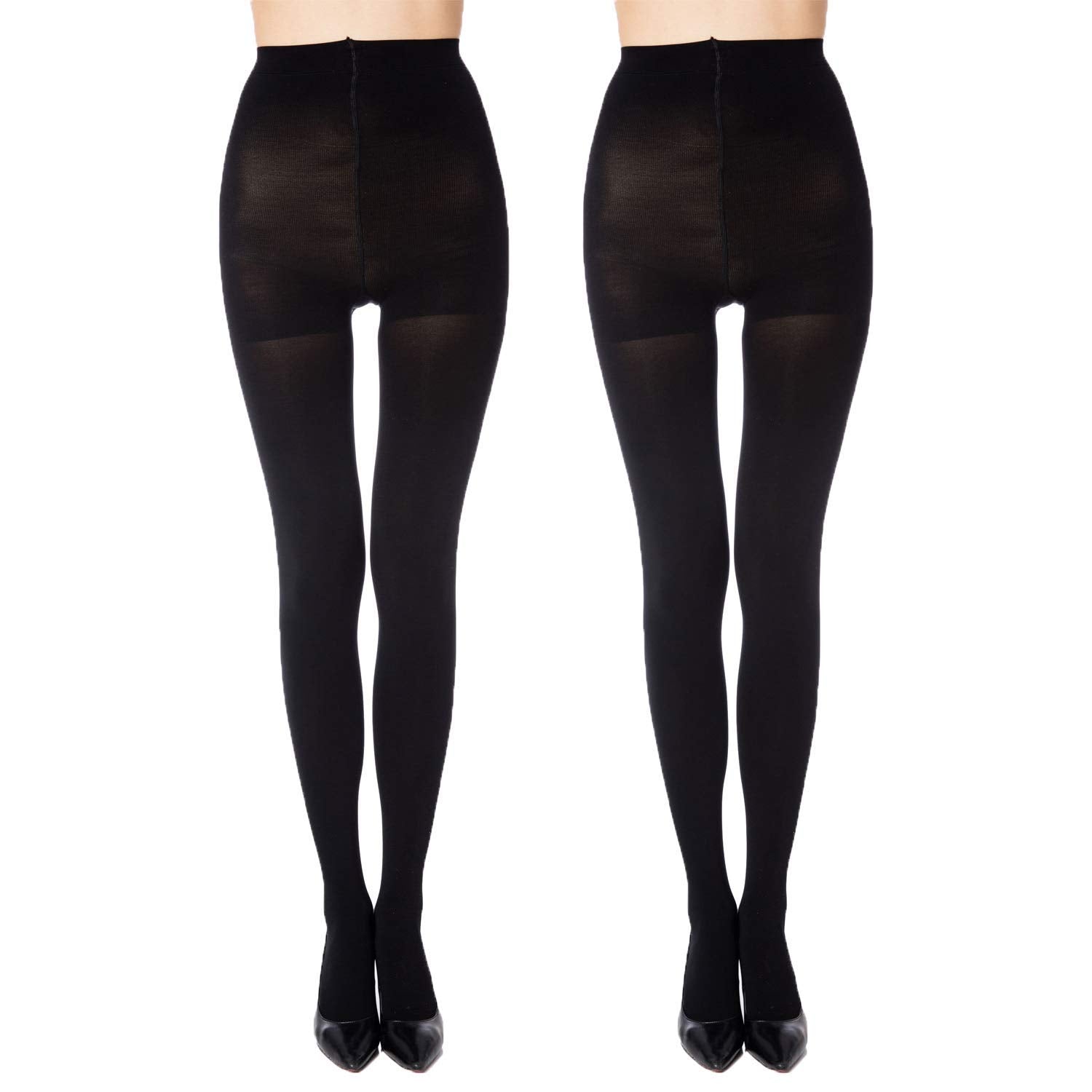 MANZI 2 Pairs Women's Run Resistant Control Top Panty Hose Opaque Tights, Small, Black - Medaid International