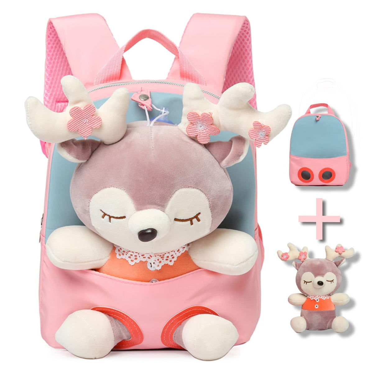 TERRIFI Little Doll Stuffed Animal kids Plush Backpack, Lovely Toddler Backpack, Cartoon Preschool Purse for Kids, Suitable for 2-6 Years Girl Boy (Pink)