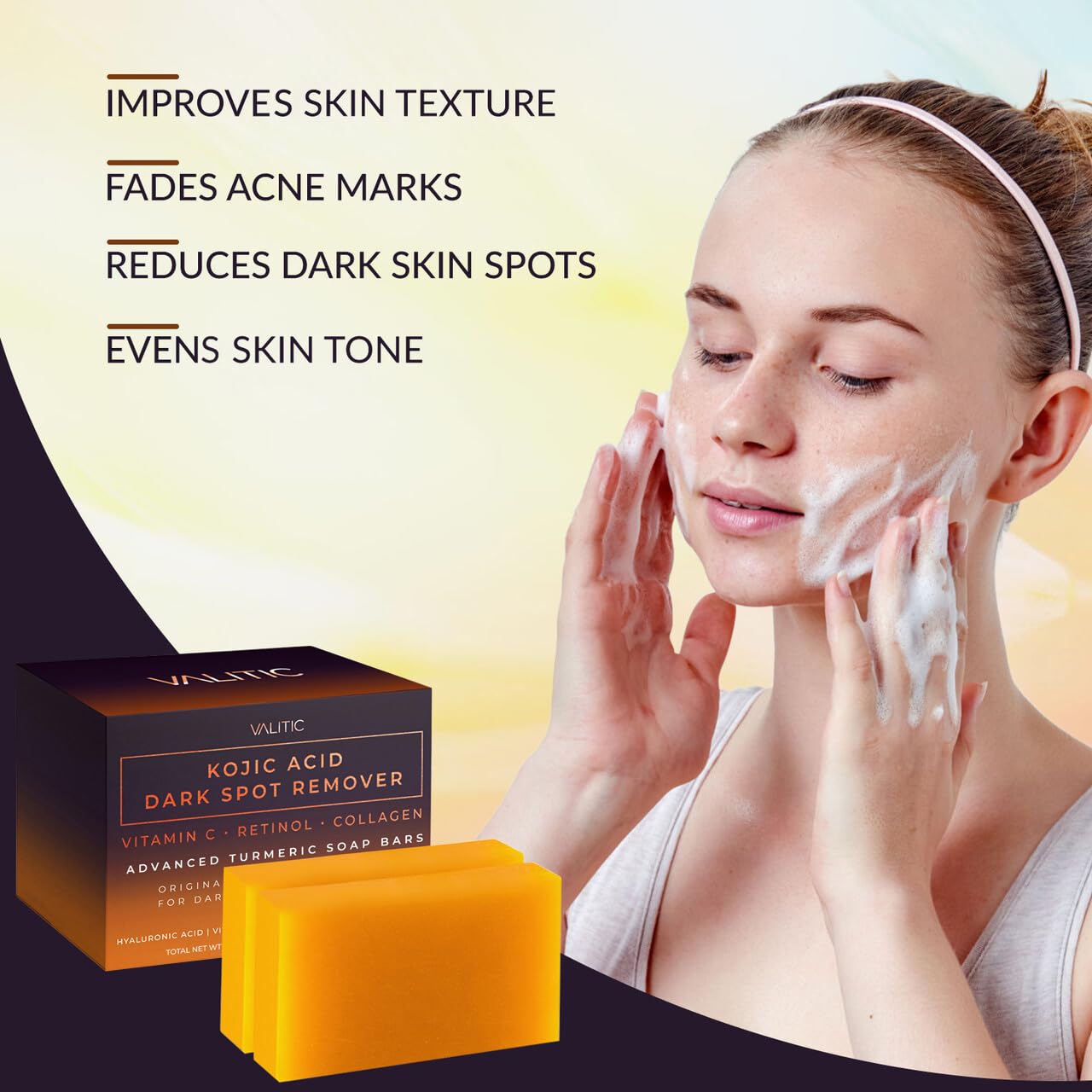 VALITIC Kojic Acid Dark Spot Remover Soap Bars with Vitamin C, Retinol, Collagen, Turmeric - Original Japanese Complex Infused with Hyaluronic Acid, Vitamin E, Shea Butter, Castile Olive Oil (2 Pack) - Medaid International