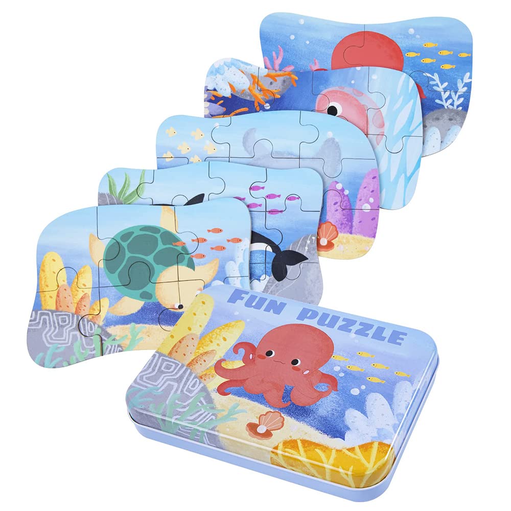 KASTWAVE Flamingo Puzzles for 3 4 5 6 Year Olds, 5-in-1 Dinosaur Jigsaw Puzzles with Iron Box for Storage, Dinosaur Toys Gifts for Boys, Girls, Kids and Children (Astronaut Jigsaw)