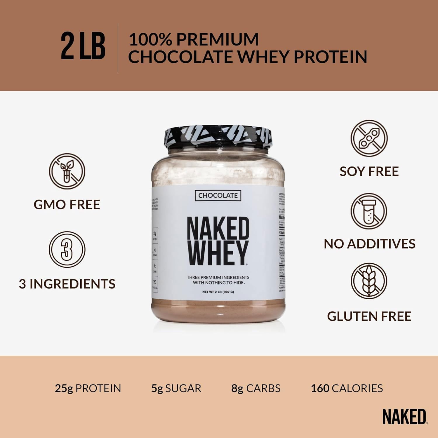 NAKED Whey Chocolate Protein Powder - Only 3 Ingredients - Grass Fed Whey Protein Powder, Organic Chocolate and Organic Coconut Sugar, No GMO, No Soy, and Gluten Free - 24 Servings - Medaid International