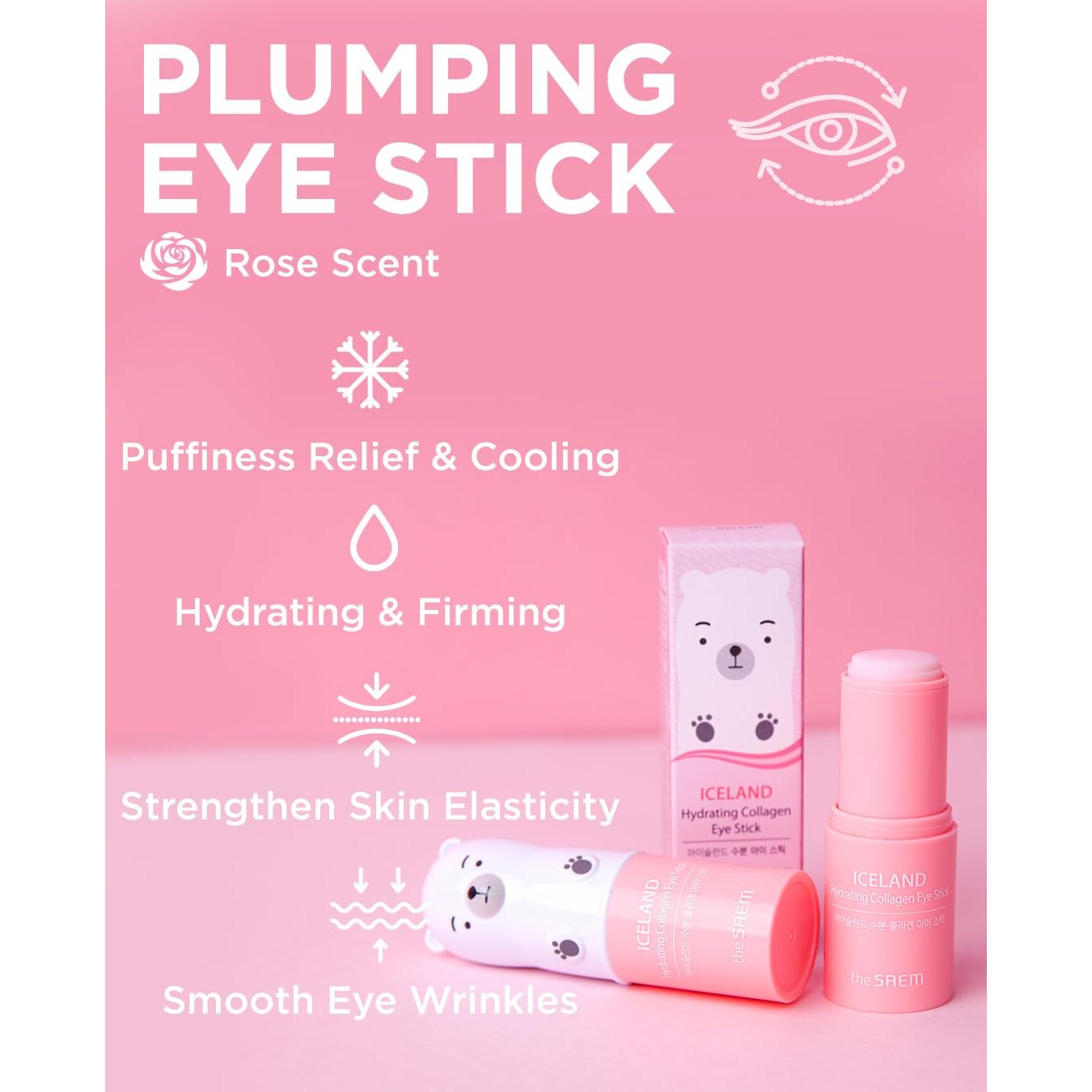 THESAEM Iceland Hydrating Collagen Eye Stick 0.24oz - Anti-wrinkle Moisturizing Eye Balm for Saggy Skin – Under Eye Treatment - Balm to Smooth Skin Texture - Rose Scent - Medaid International