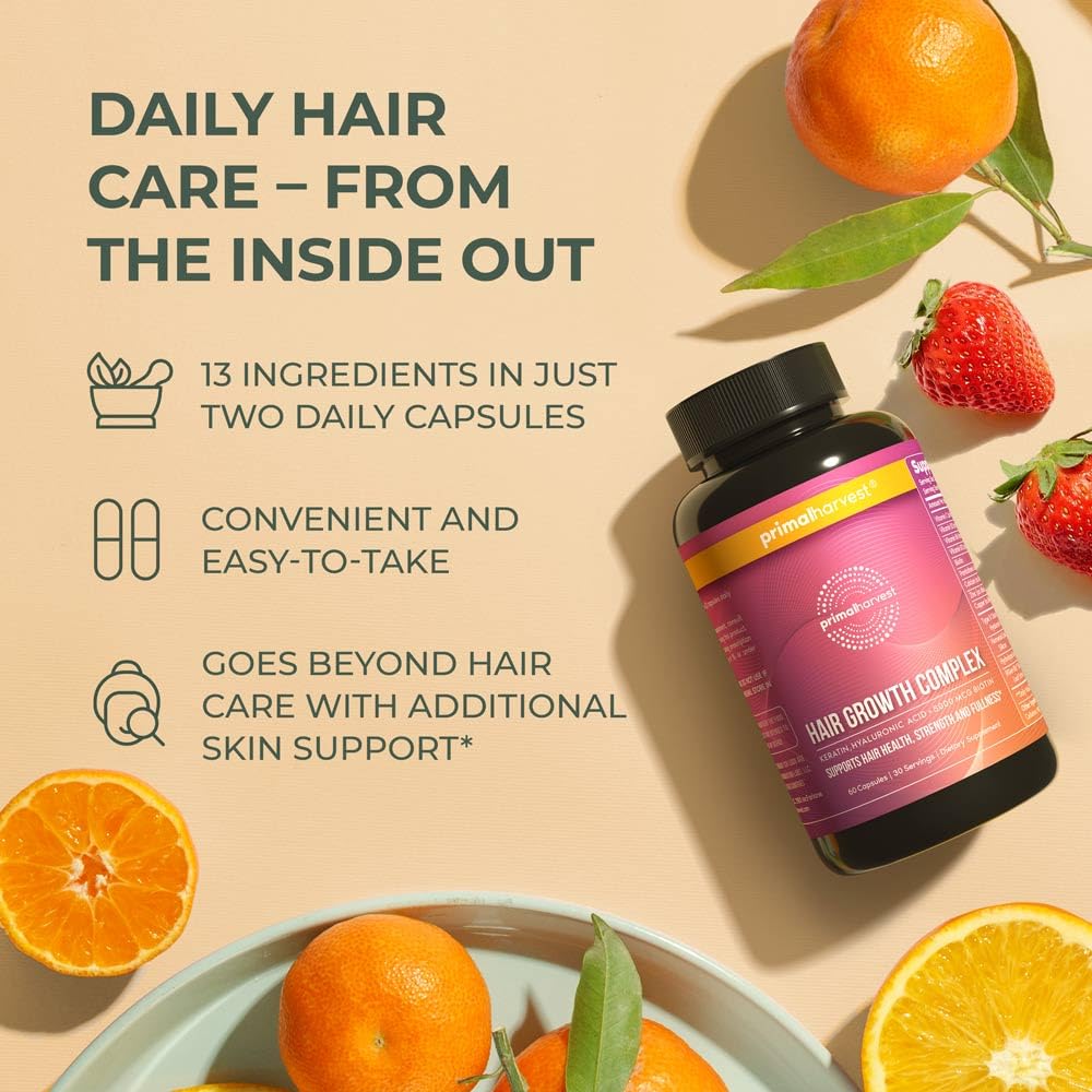 Primal Harvest Hair Growth Vitamins, Hair Growth for Women & Men - 60 Hair Growth Pills, Natural Hair Thickening Products for w/Biotin & Zinc - Hair Supplement, Regrowth Hair Vitamins - Medaid International