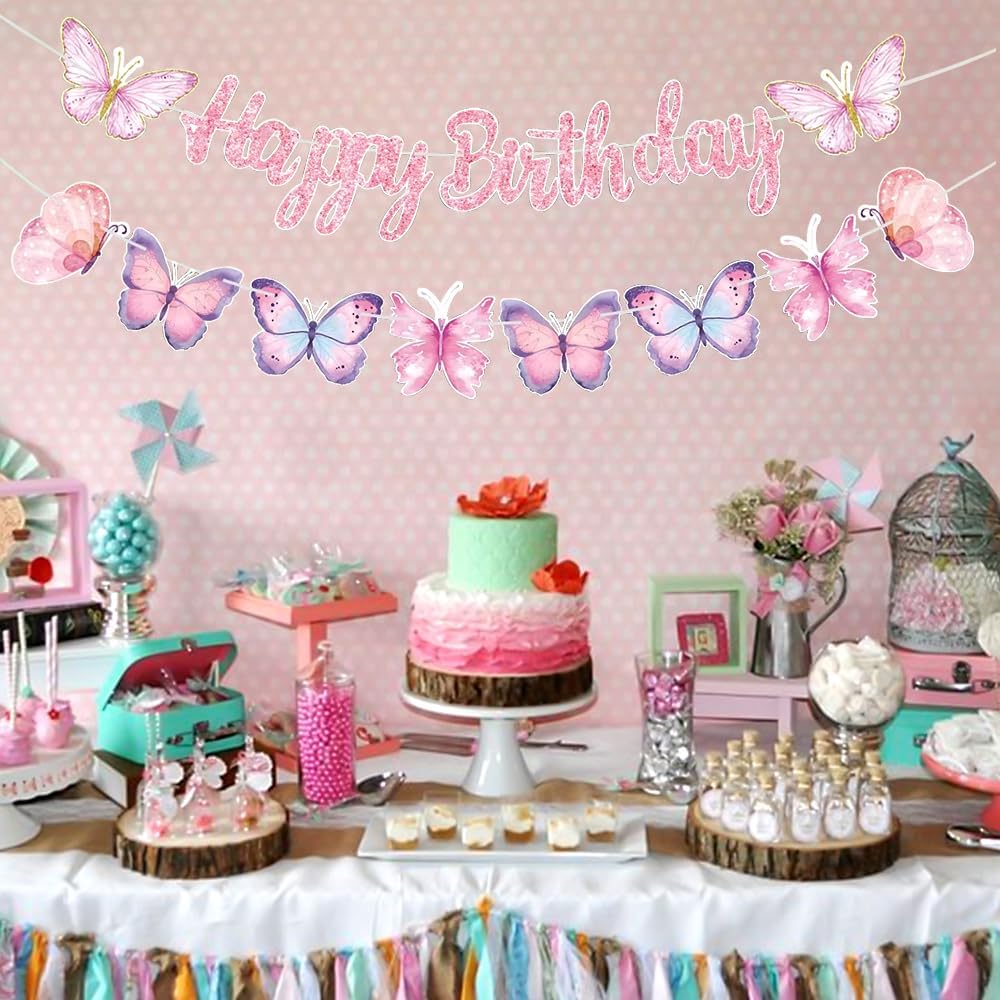 KASTWAVE Pink Butterfly Birthday Banner, 2 Pcs Birthday Party Decorations Set with Pre Strung Glitter Happy Birthday Banner, Butterfly String, Fade Resistant Butterflies Theme Party Supplies