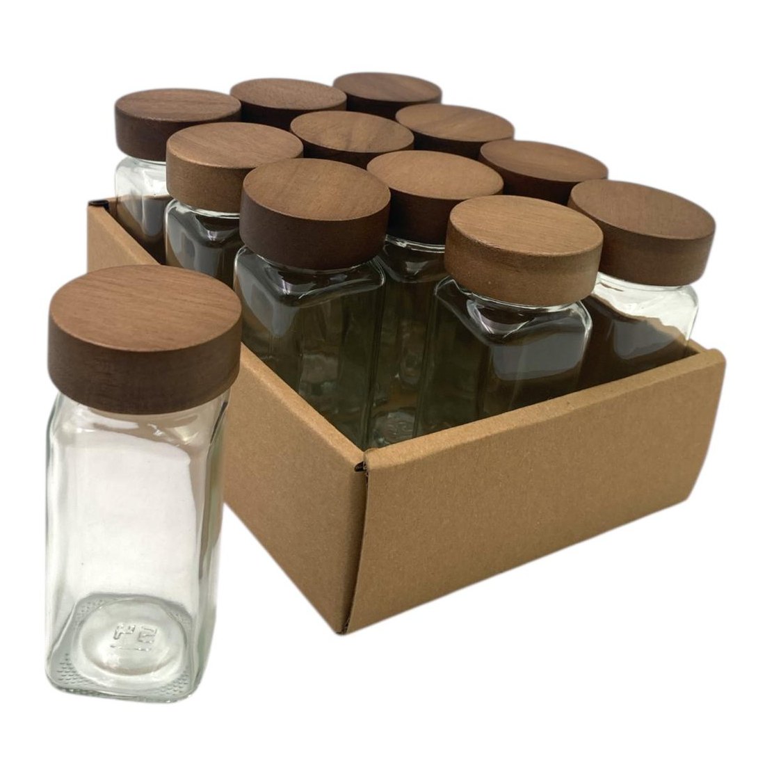Set of 12 Glass Spice Jars with Acacia Wood Cover