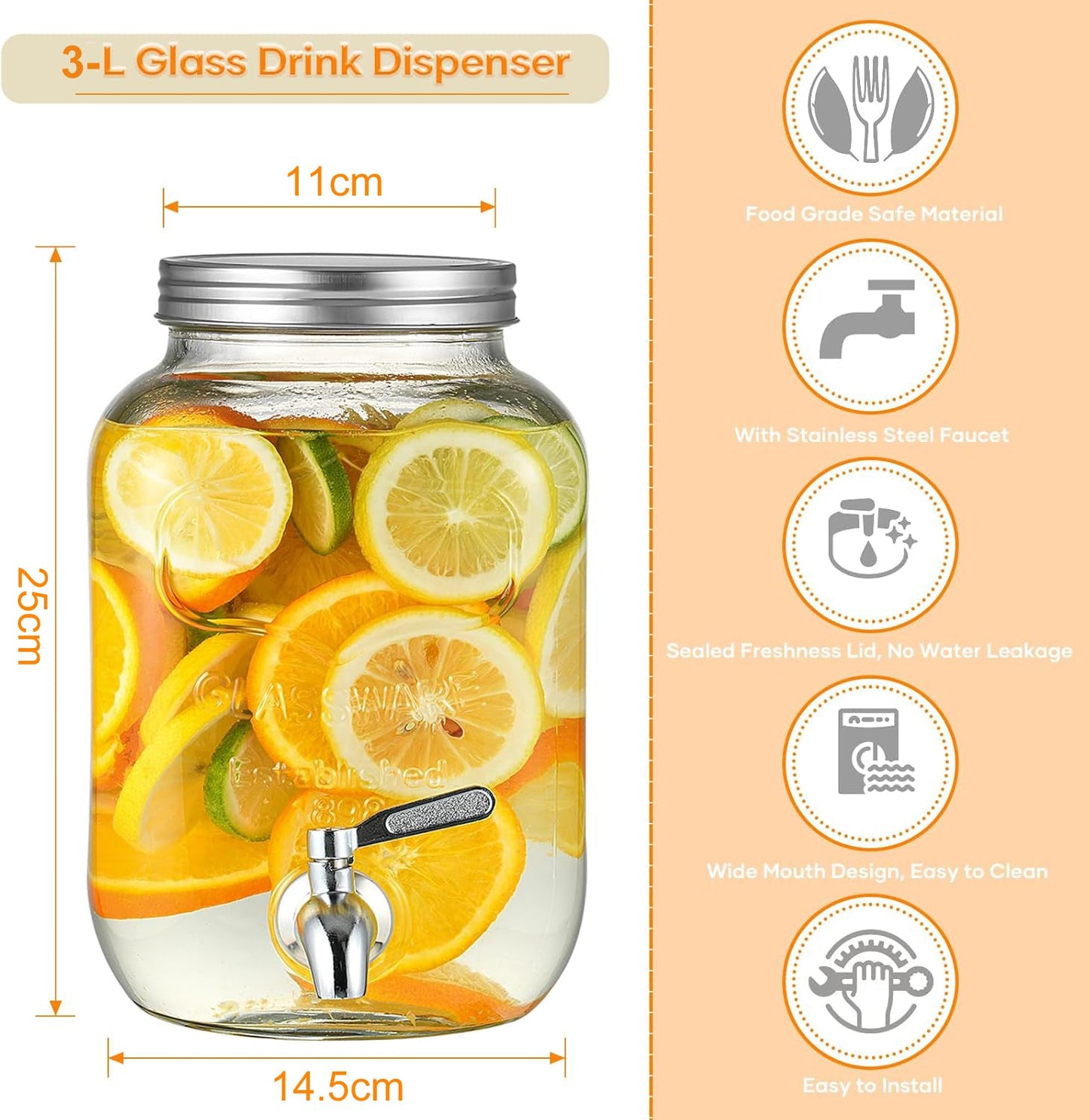 Danny Home Glass Beverage Dispenser 3-L