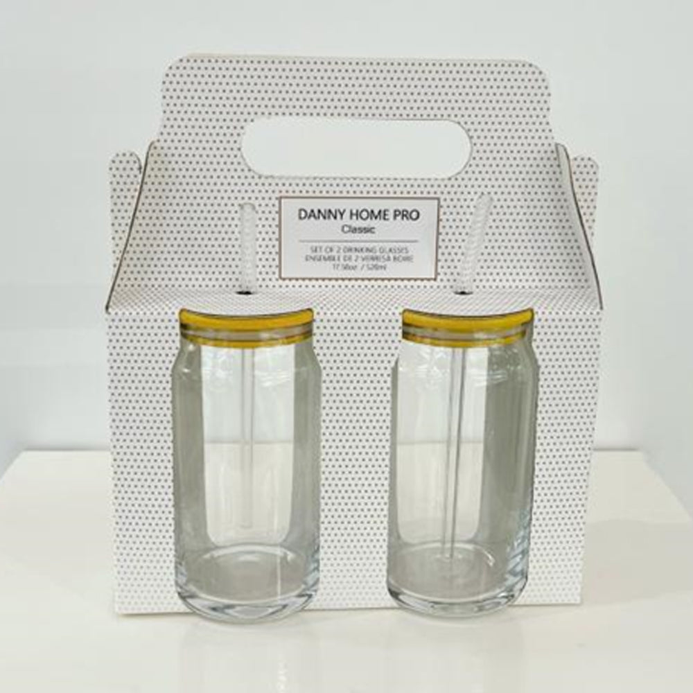 Danny Home 2-Pcs Glass Cups with Bamboo Lids and Glass Straw Set 500ml