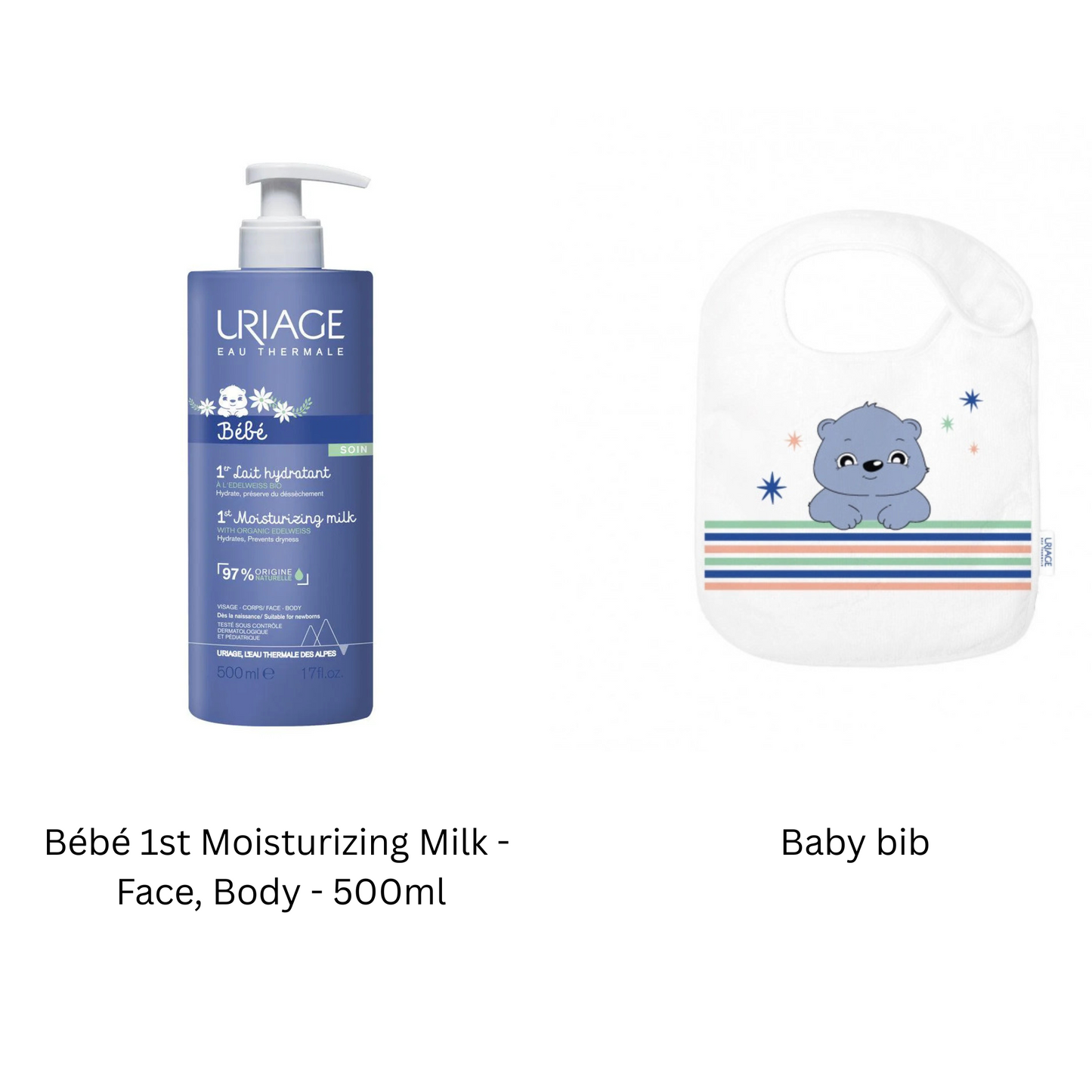 Uriage Bébé 1st Moisturizing Milk -  Face, Body - 500ml - 500ml + FREE BABY BIB