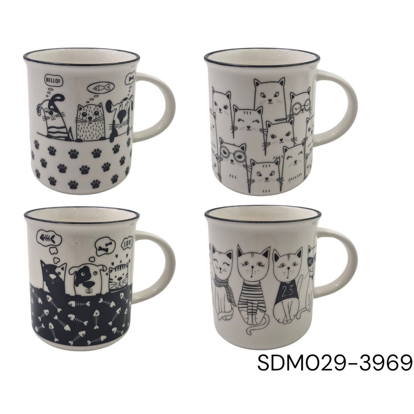 Porcelain Mug with Black Pet Cats and Dogs Designs