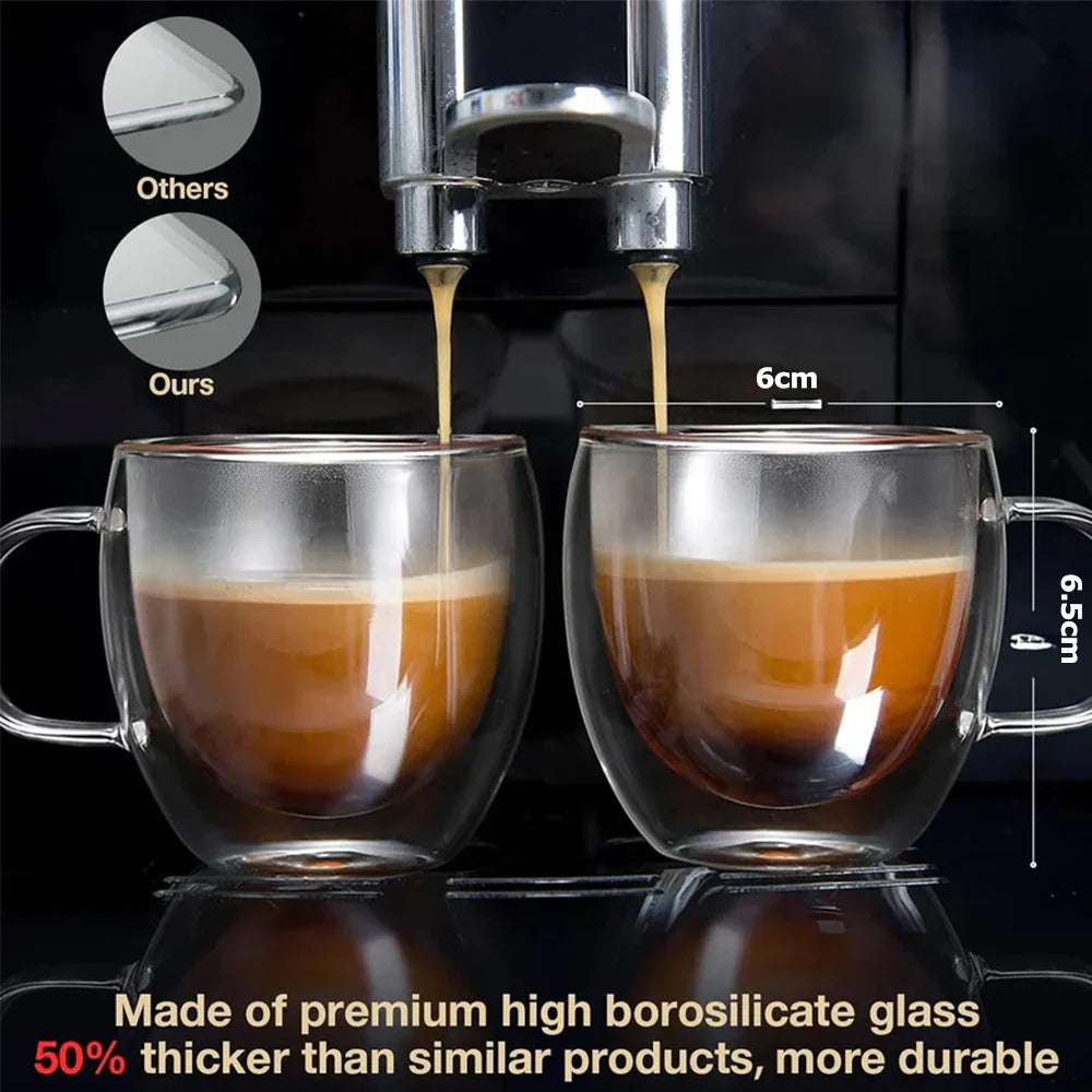 Phoneix 80 ml double wall glass espresso cup with handle 6 pcs set