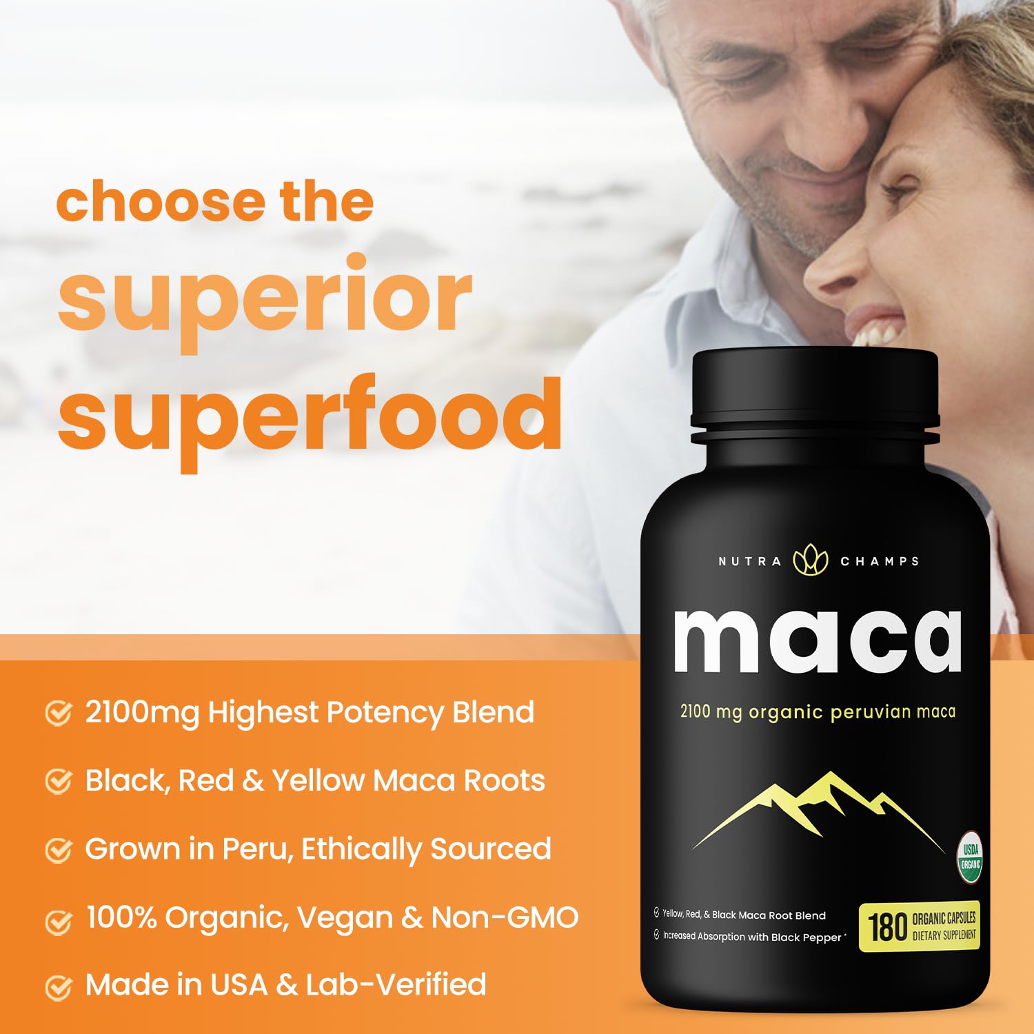NutraChamps USDA Organic Maca Root Capsules for Women & Men, 2100mg, 180 Capsules, Black, Red & Yellow Peruvian Gelatinized, Highest Potency Maca Root Powder Supplement - Medaid International