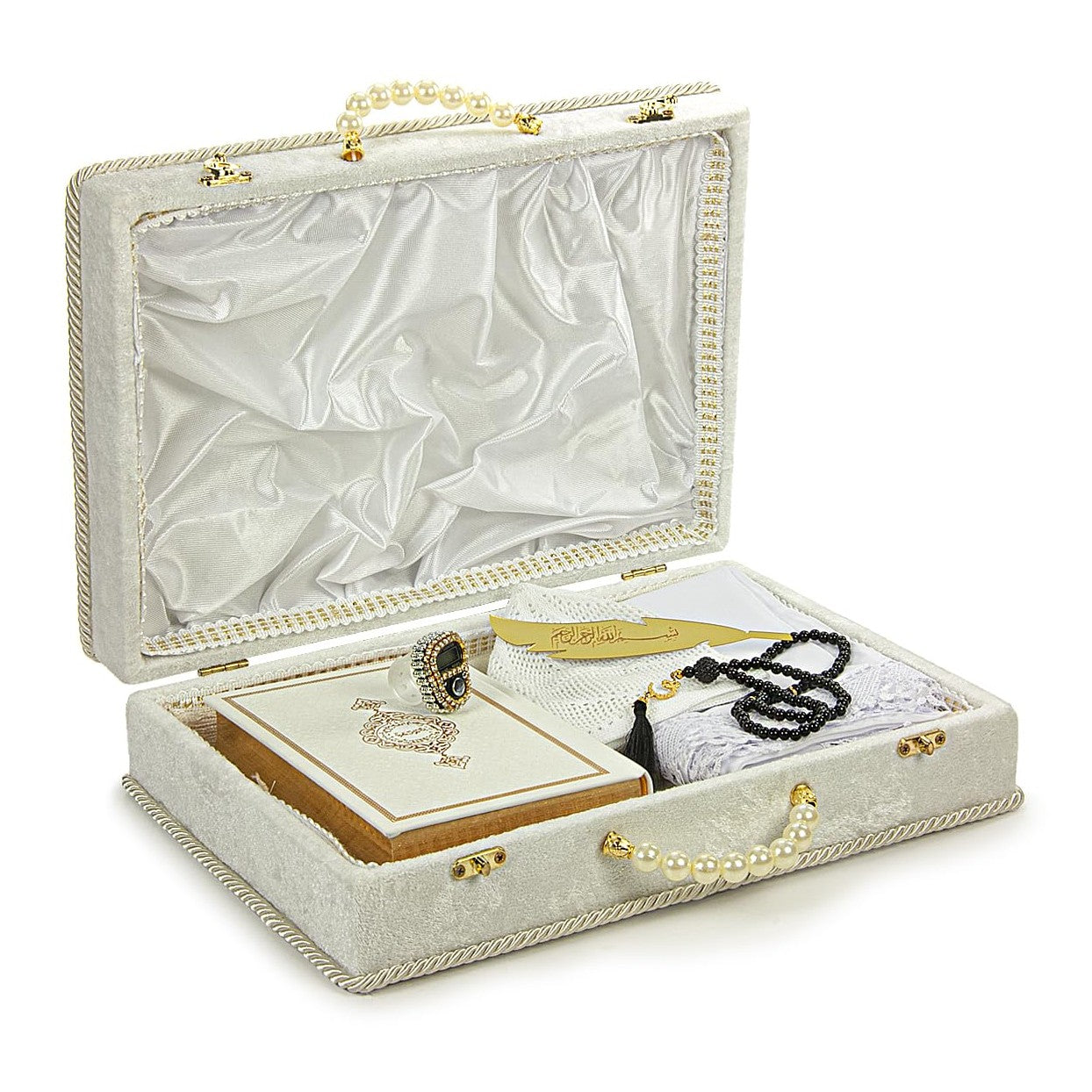 ihvan online Muslim Prayer Rug Set, Islamic Dowry Gift Box for Men & Women, Shawl, Kufi Hat, Digital Beads Counter, Quran Gift, Elegant Islamic Gifts Set for Ramadan & Eid & Wedding, White - Medaid International