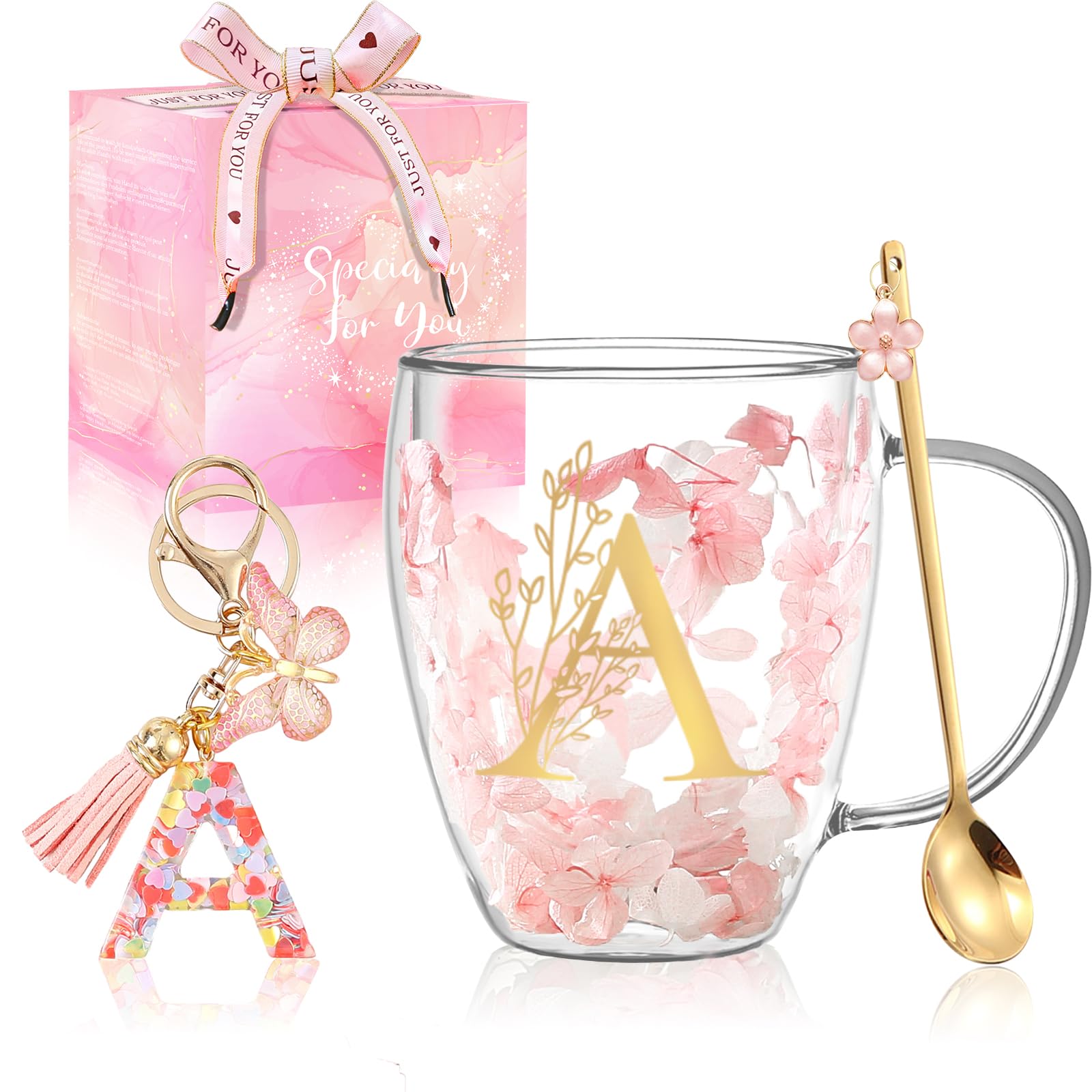 Personalized Gift for Women Cute Monogrammed Double Wall Glass Coffee Mug Tea Cup with Spoon Customized Birthday Valentine Mother's Day Christmas Gift for Mom Wife Friends Sister Coworker(Letter A) - Medaid International