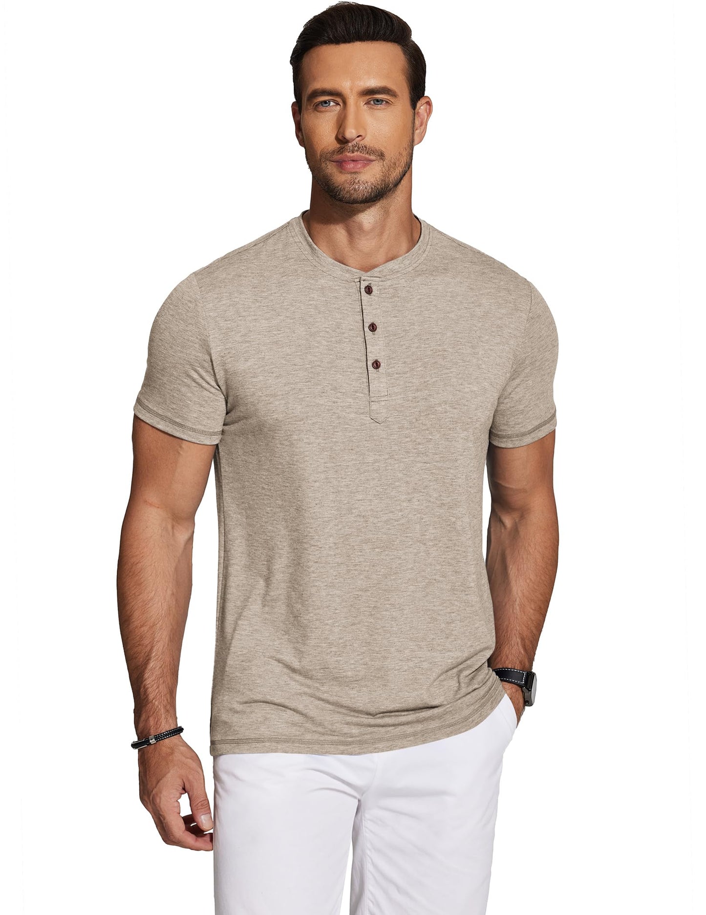 COOFANDY Men's Short Sleeve Henley Shirts Basic Tee Summer Solid Button T Shirts Lightweight Shirts Khaki - Medaid International