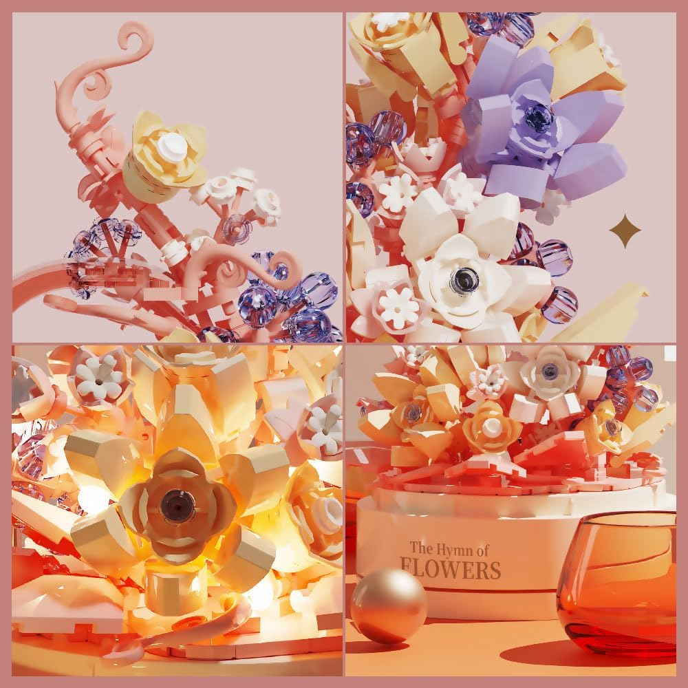 KASTWAVE Flower Building Set with Music Box Base & LED, Ideal Floral Building Block Toy Gift for Girls 8+, Floral Building Toy Office Home Decor, Mini Brick 560 PCS