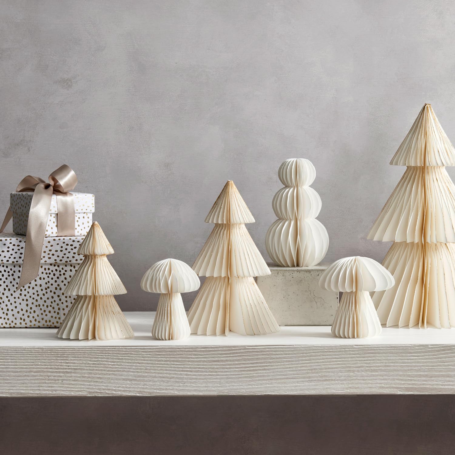 LampLust Paper Christmas Tree Decor, 2 Pack Honeycomb Paper Trees, 6 & 8 Inch, White & Gold Glitter Edge, Holiday Table Centerpieces, Christmas Table Decor, Winter Decorations - Medaid International