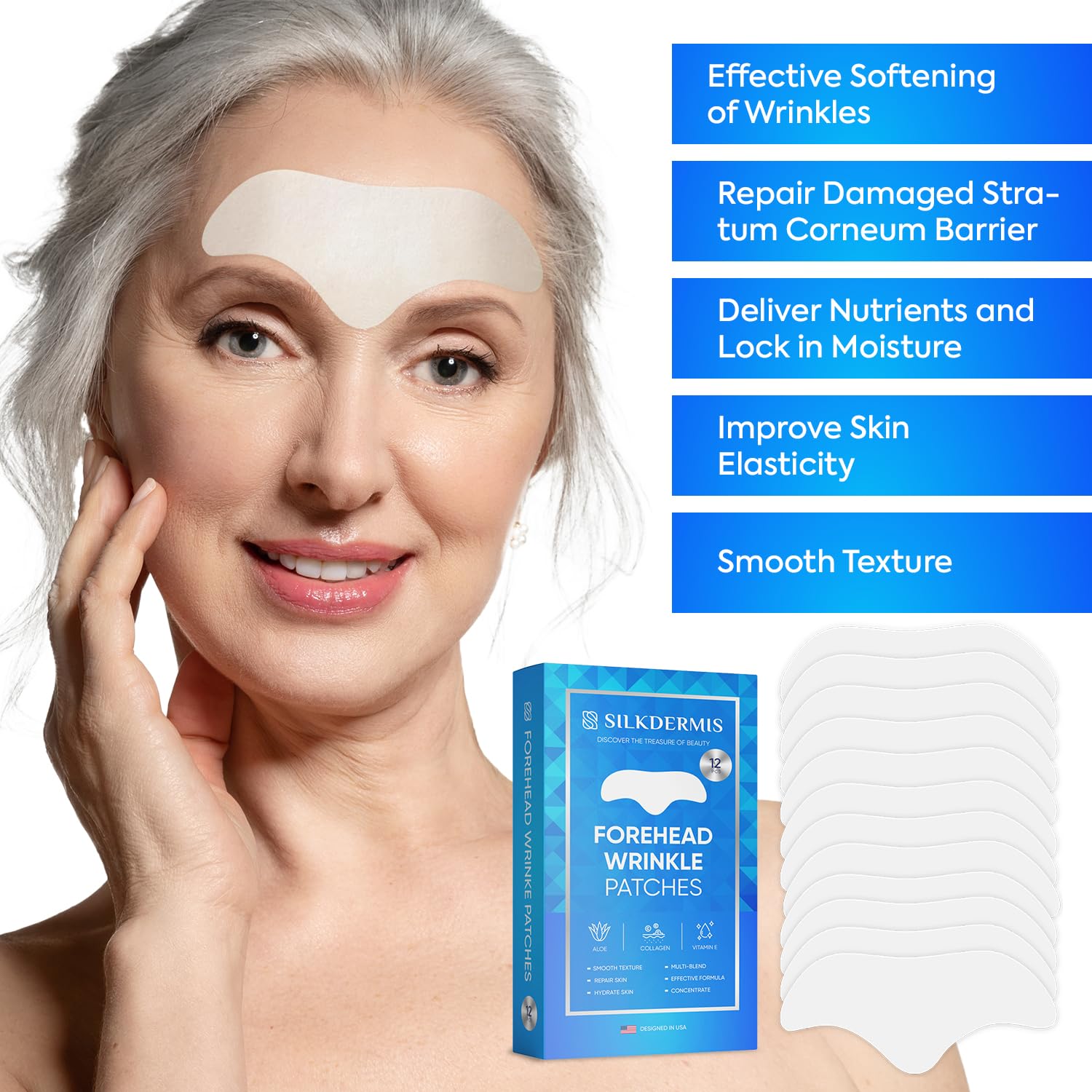 SILKDERMIS Forehead Wrinkle Patches 12Pcs with Aloe, Collagen, Vitamin E, Anti Wrinkle Patches, Forehead Wrinkles Treatment - Medaid International