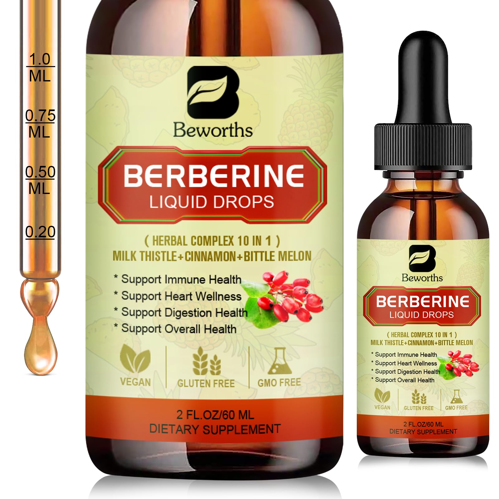 Berberine Supplement with Ceylon Cinnamon - Berberine Liquid Drops with Turmeric Curcumin, Ceylon Cinnamon, Bitter Melon, Berberine Phytosome for Digestion System, Immune Health Support -Vegetarian - Medaid International