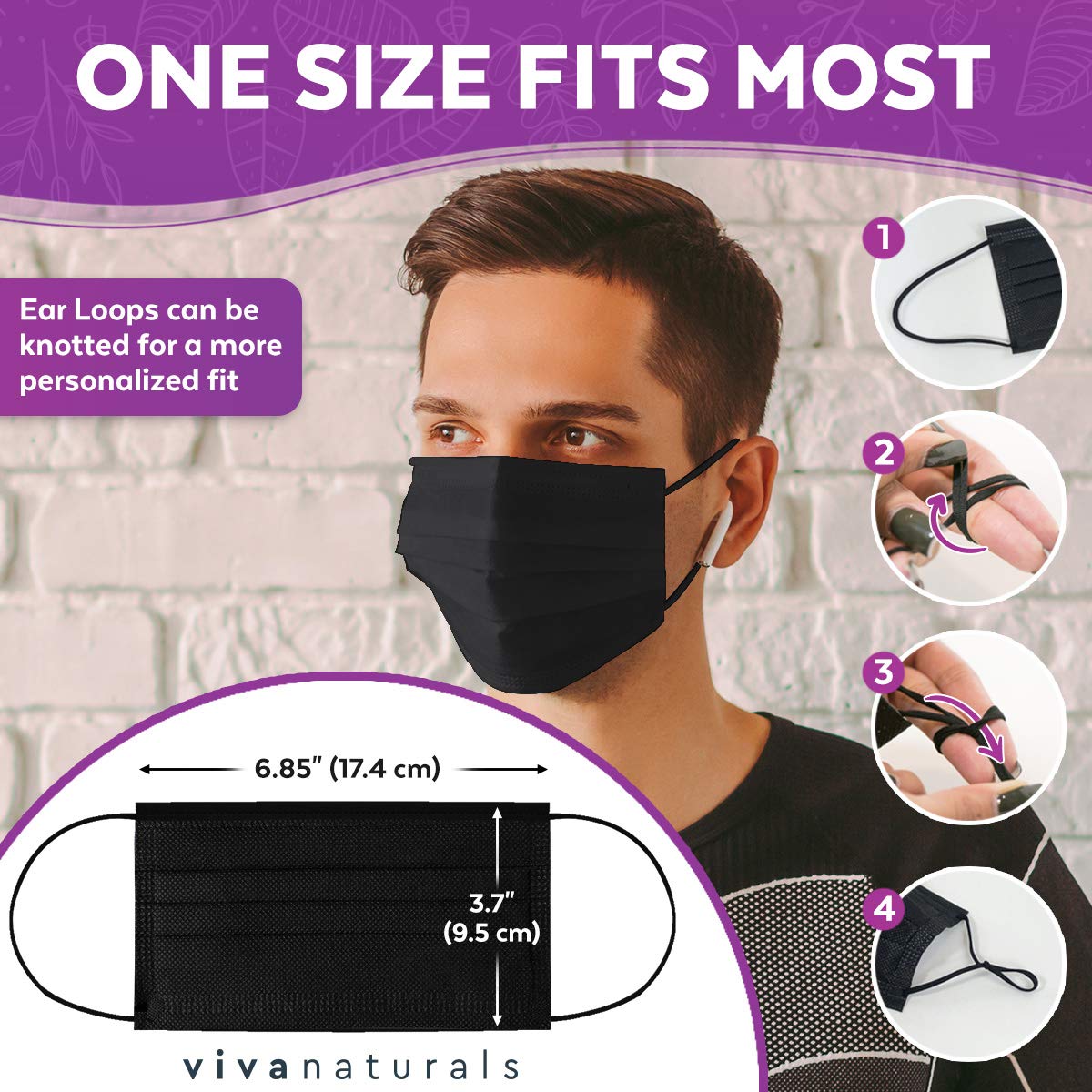Non-Medical Adult Face Mask (50 Individually Wrapped Masks) - 4-Ply Non-Medical Black Disposable Face Masks, Premium Design With Comfortable Earloops & Adjustable Metal Nose Strip - Medaid International