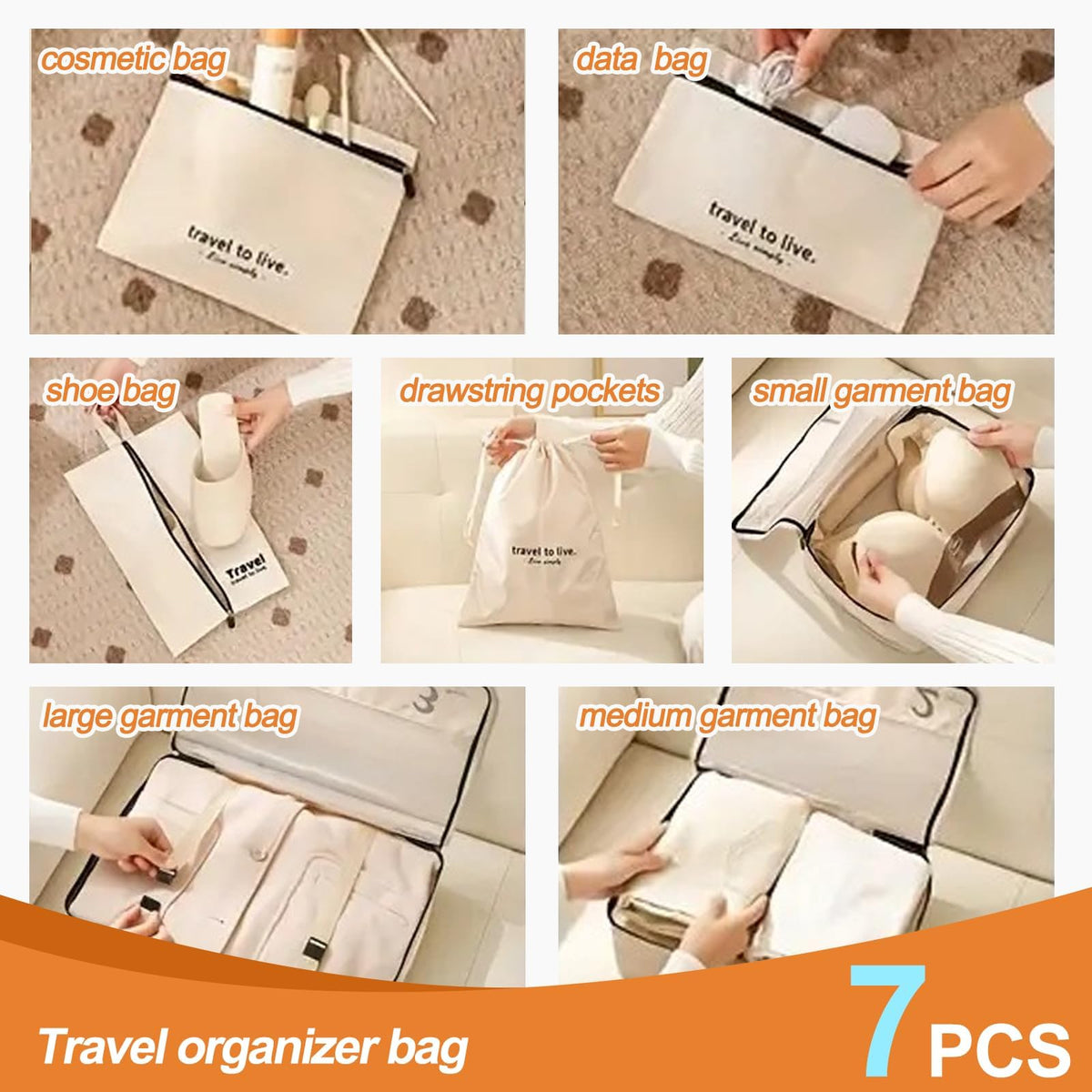 TERRIFI 7 Set Travel Storage Bag, Packing Organizer Zipper Cubes for Clothes, Shoes, Digital, Underwear, and Cosmetics, Lightweight Travel Bags, Ideal for Organized Packing (Beige)