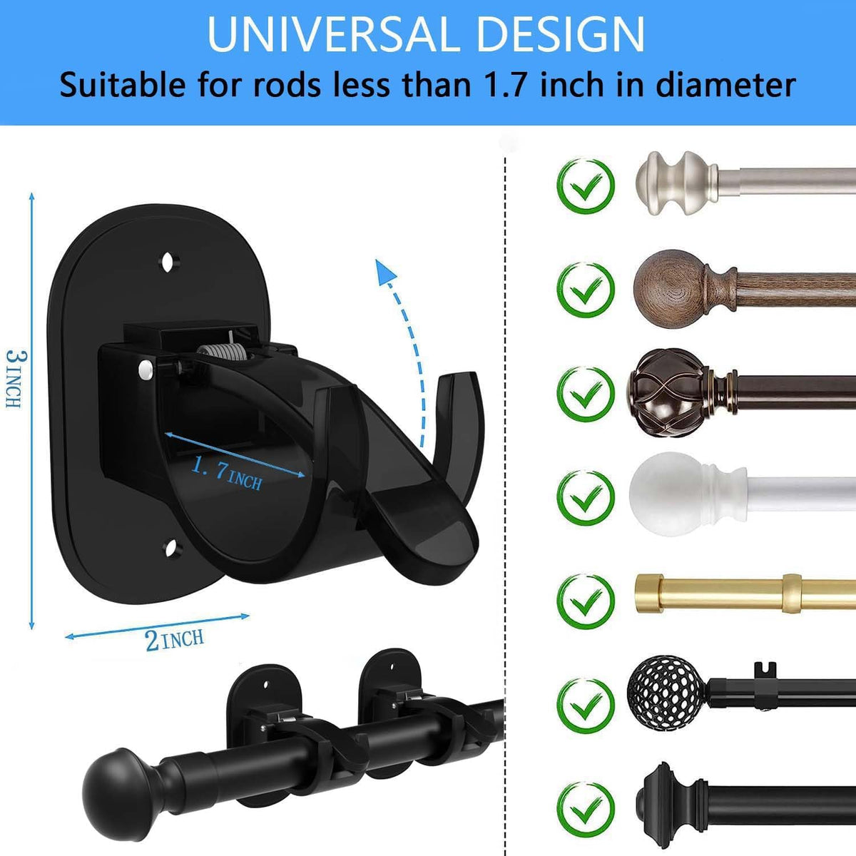 Terrifi Self Adhesive Curtain Rod Brackets, 4 Pcs Universal Plastic Holders, No Drill Hooks, For Bathroom, Bedroom, Livingroom, Kitchen (Black)