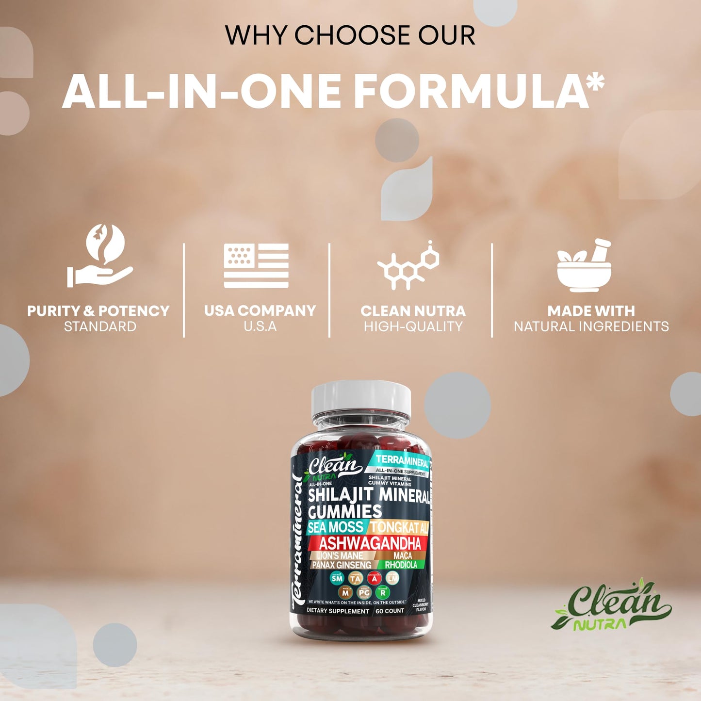 Terramineral Shilajit Gummies with Irish Sea Moss Tongkat Ali Ashwagandha Lion's Mane MACA Panax Ginseng Rhodiola & Cordyceps by Clean Nutra (1) - Medaid International