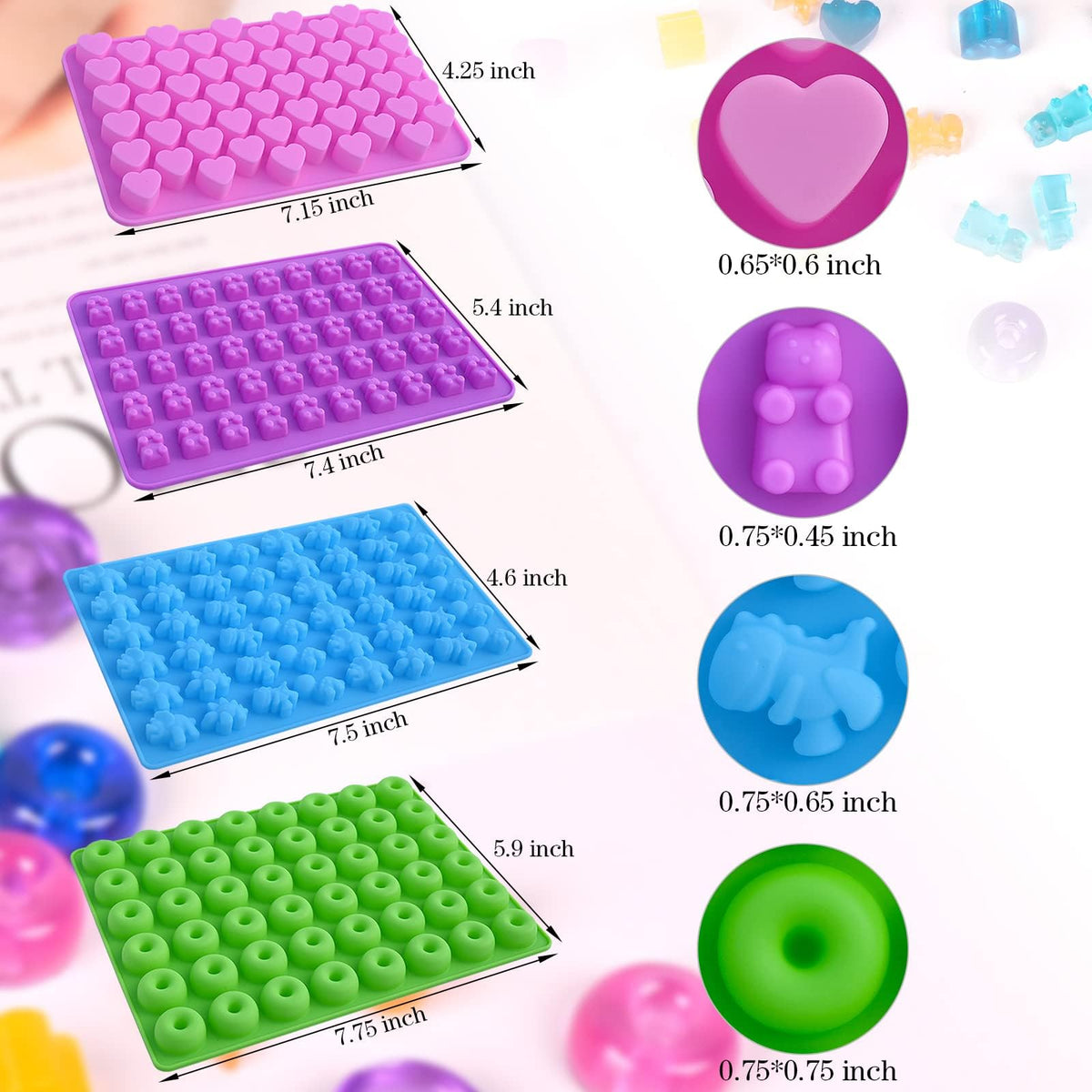 KASTWAVE Gummy Candy Molds Silicone with 2 Droppers Pack of 4 Mini Silicone Molds Including Dinosaur, Bear Shape, Hearts and Donut Gummie Chocolate Molds for Kids