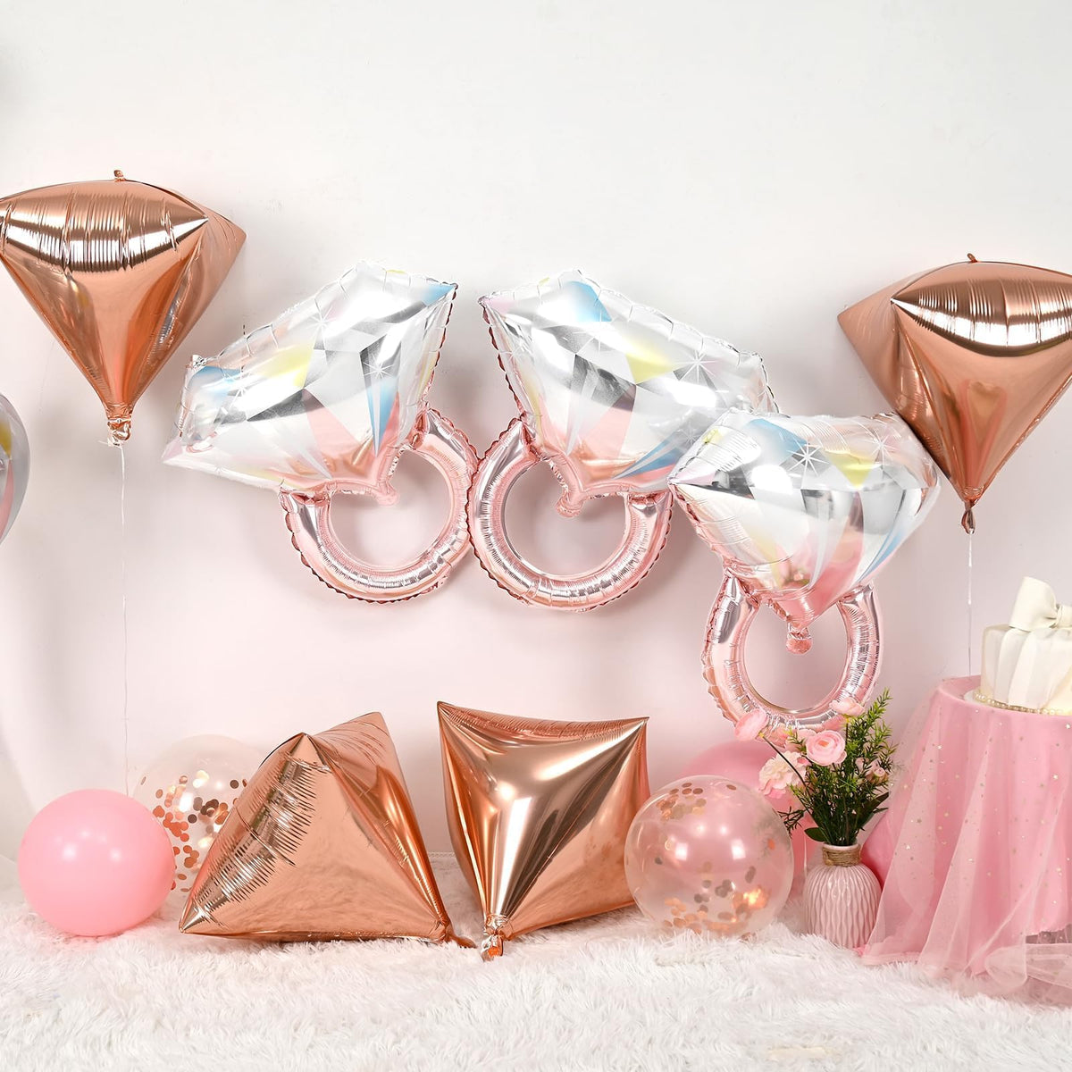 Diamond Ring Balloons, 4Pcs Large Rose Gold Foil Shining Diamond Balloon, Engagement Ring Balloons for Wedding Bridal Shower Marriage, Romantic Sparkly Ring Balloon for Party Decor